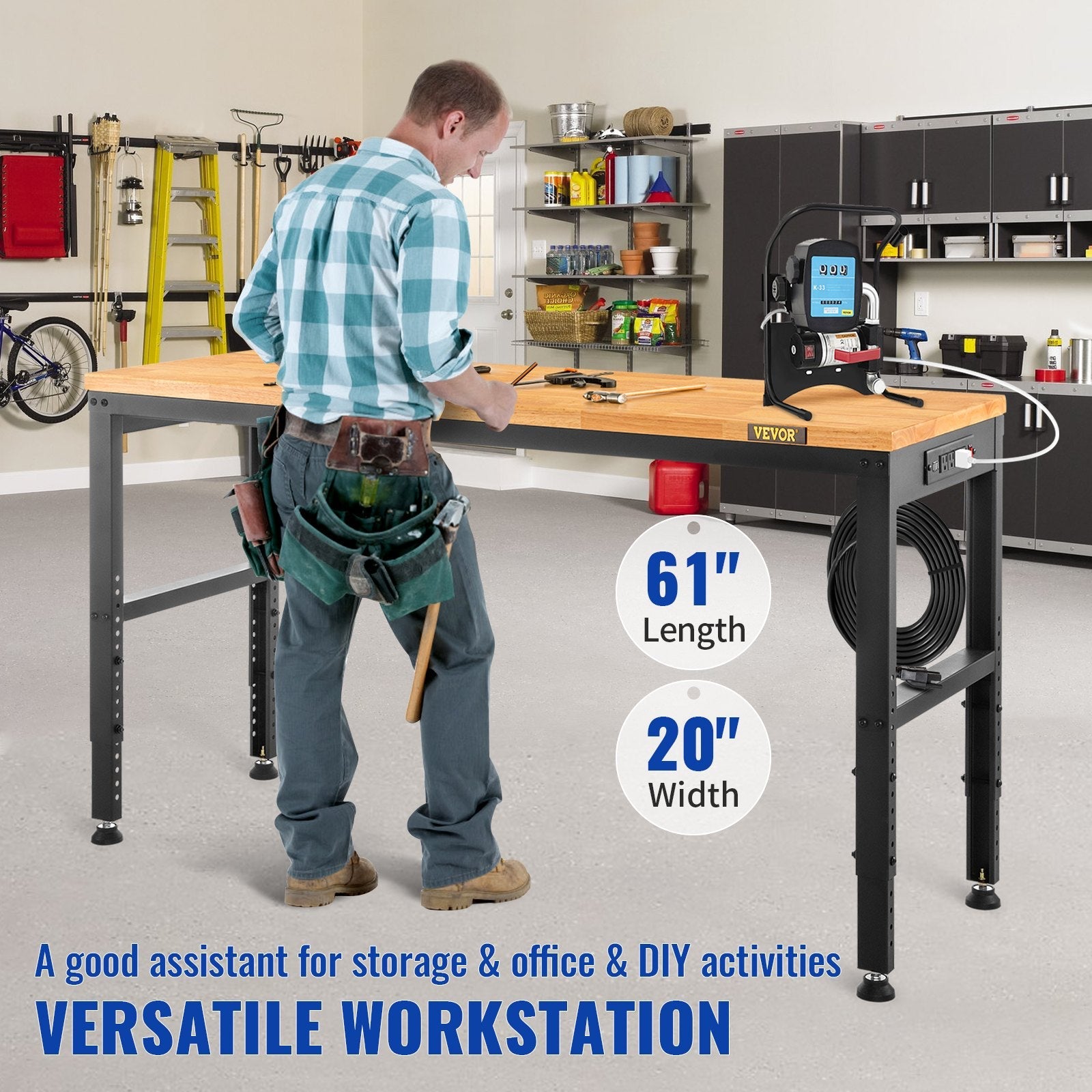 VEVOR Workbench Adjustable Height, 61"L X 20"W X 36"H Garage Table w/ 27.1" - 36" Heights & 2000 LBS Load Capacity, with Power Outlets & Hardwood Top & Metal Frame & Foot Pads, for Office Home 