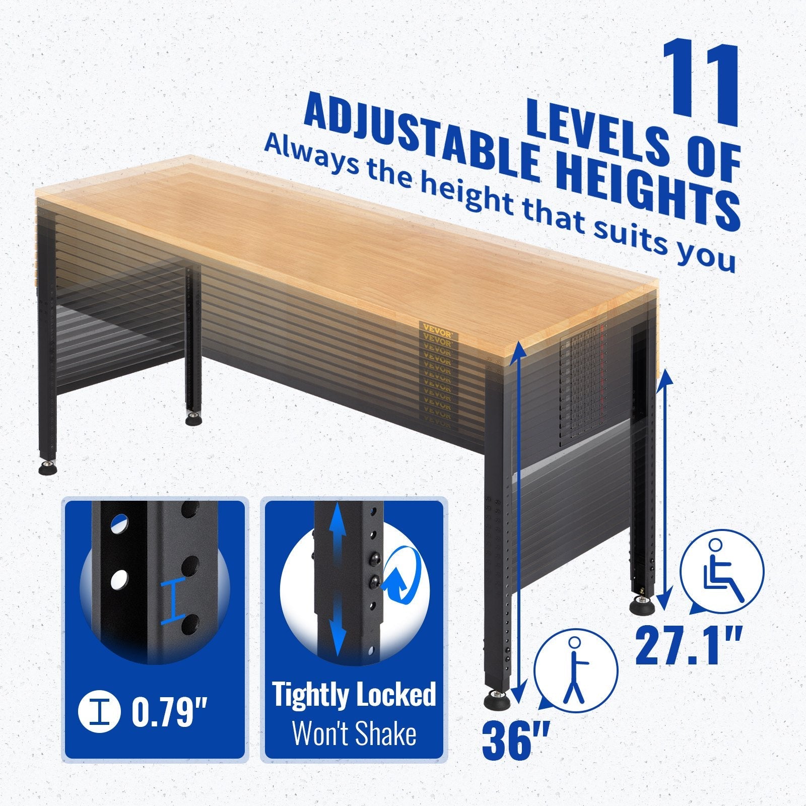 VEVOR Workbench Adjustable Height, 61"L X 20"W X 36"H Garage Table w/ 27.1" - 36" Heights & 2000 LBS Load Capacity, with Power Outlets & Hardwood Top & Metal Frame & Foot Pads, for Office Home 
