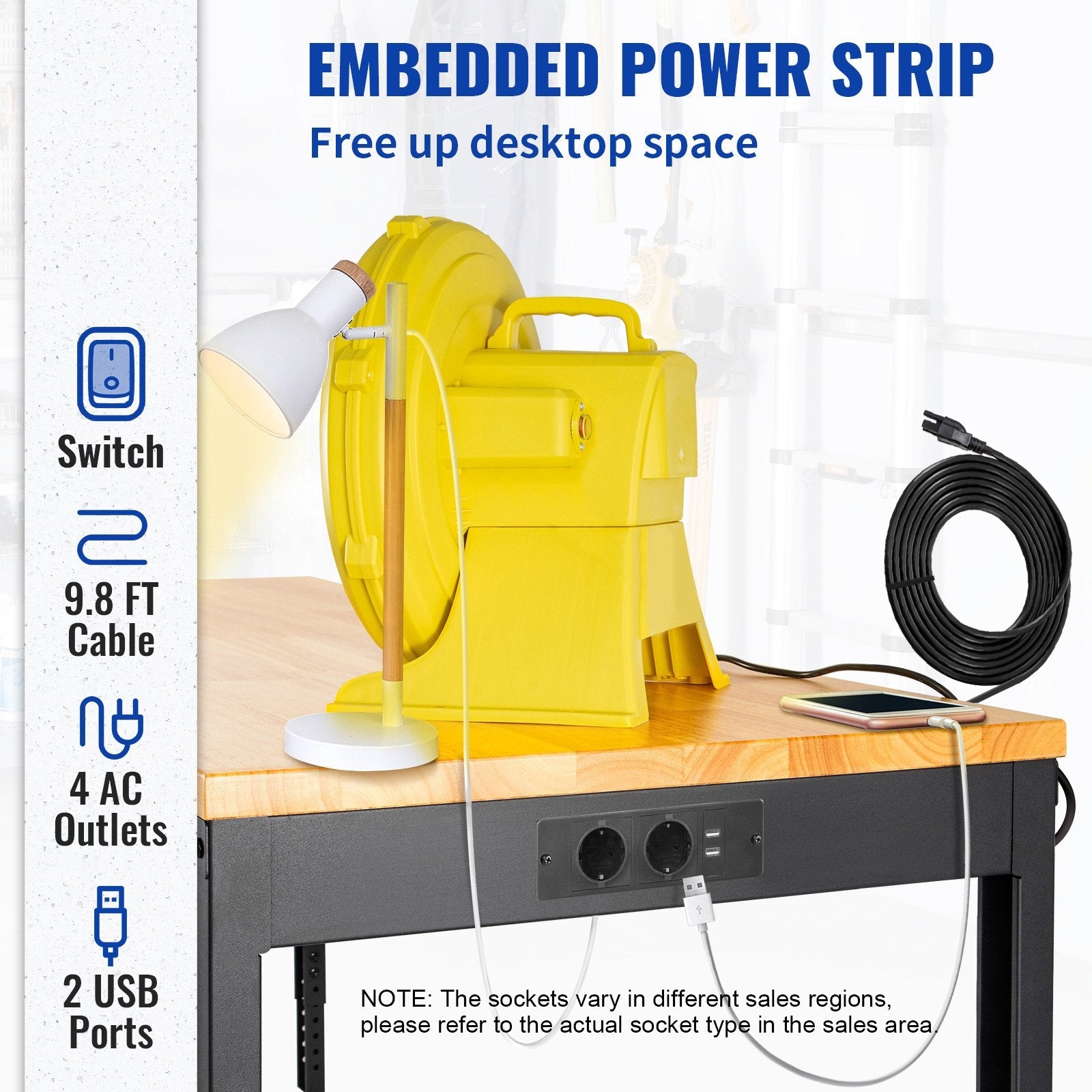 VEVOR Workbench Adjustable Height, 61"L X 20"W X 36"H Garage Table w/ 27.1" - 36" Heights & 2000 LBS Load Capacity, with Power Outlets & Hardwood Top & Metal Frame & Foot Pads, for Office Home 