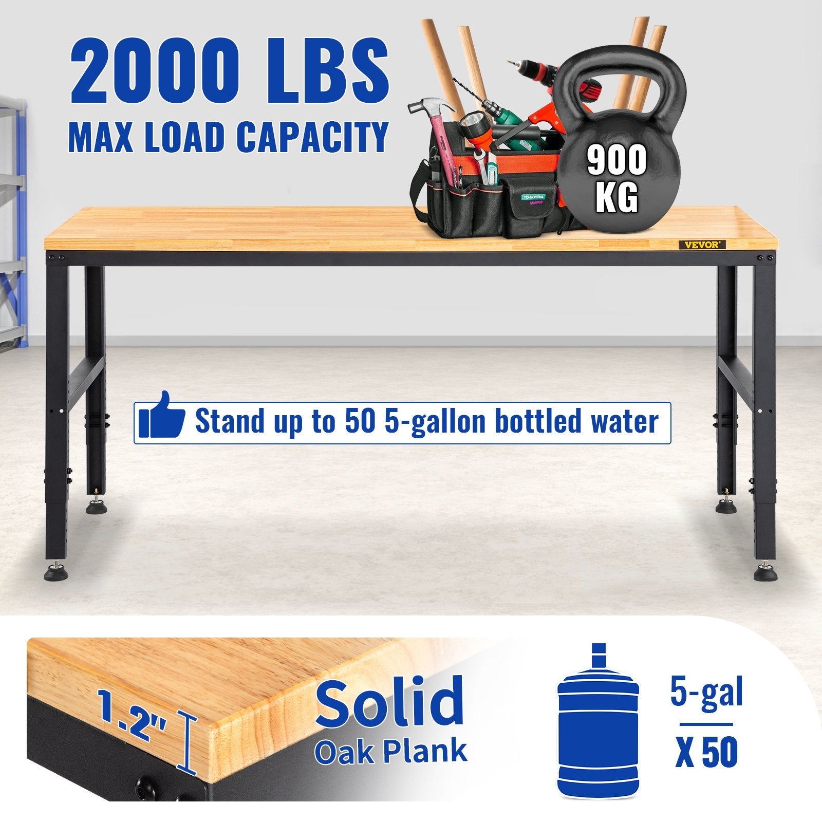 VEVOR Workbench Adjustable Height, 61"L X 20"W X 36"H Garage Table w/ 27.1" - 36" Heights & 2000 LBS Load Capacity, with Power Outlets & Hardwood Top & Metal Frame & Foot Pads, for Office Home 