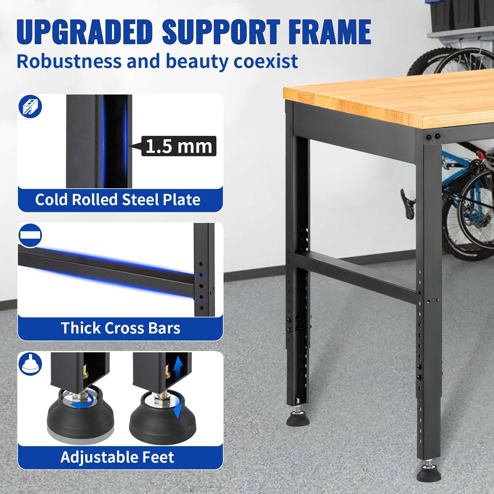 VEVOR Workbench Adjustable Height, 61"L X 20"W X 36"H Garage Table w/ 27.1" - 36" Heights & 2000 LBS Load Capacity, with Power Outlets & Hardwood Top & Metal Frame & Foot Pads, for Office Home 