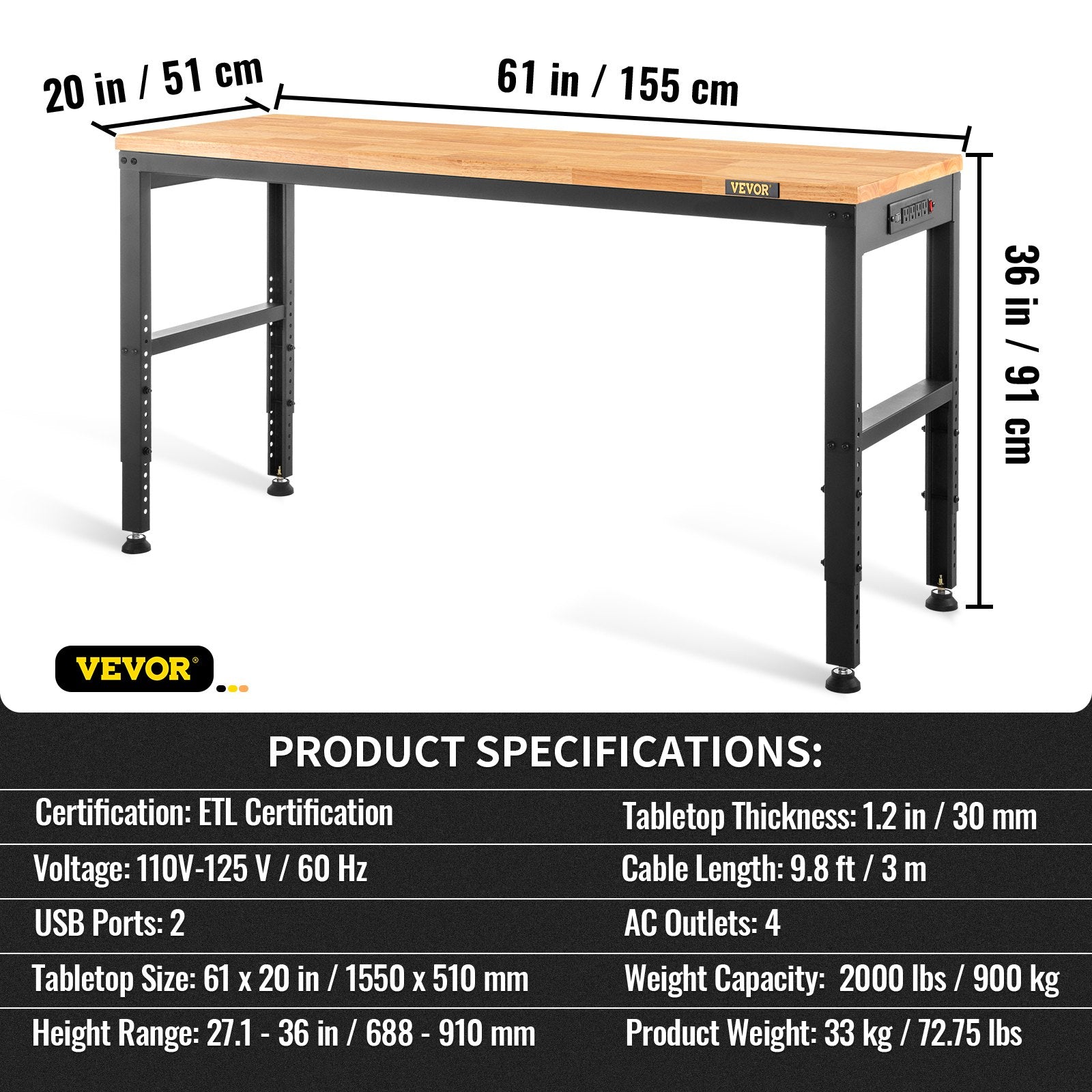 VEVOR Workbench Adjustable Height, 61"L X 20"W X 36"H Garage Table w/ 27.1" - 36" Heights & 2000 LBS Load Capacity, with Power Outlets & Hardwood Top & Metal Frame & Foot Pads, for Office Home 