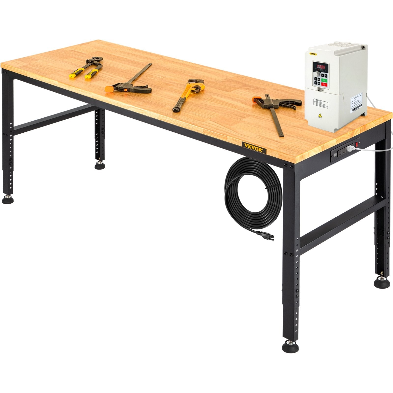 VEVOR Workbench Adjustable Height, 61"L X 20"W X 36"H Garage Table w/ 27.1" - 36" Heights & 2000 LBS Load Capacity, with Power Outlets & Hardwood Top & Metal Frame & Foot Pads, for Office Home 