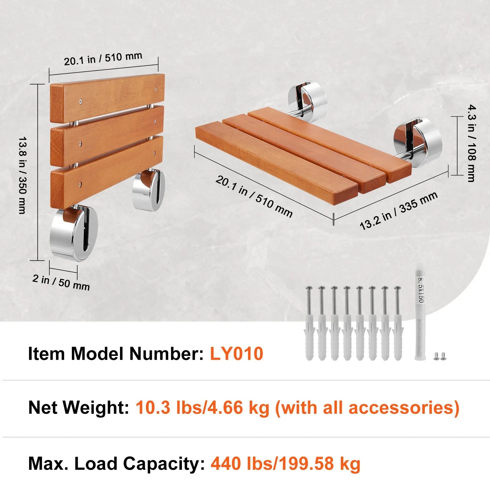 VEVOR Folding Teak Shower Seat 20.1" x 13.2" Wall Mounted Shower Bench 440 lbs