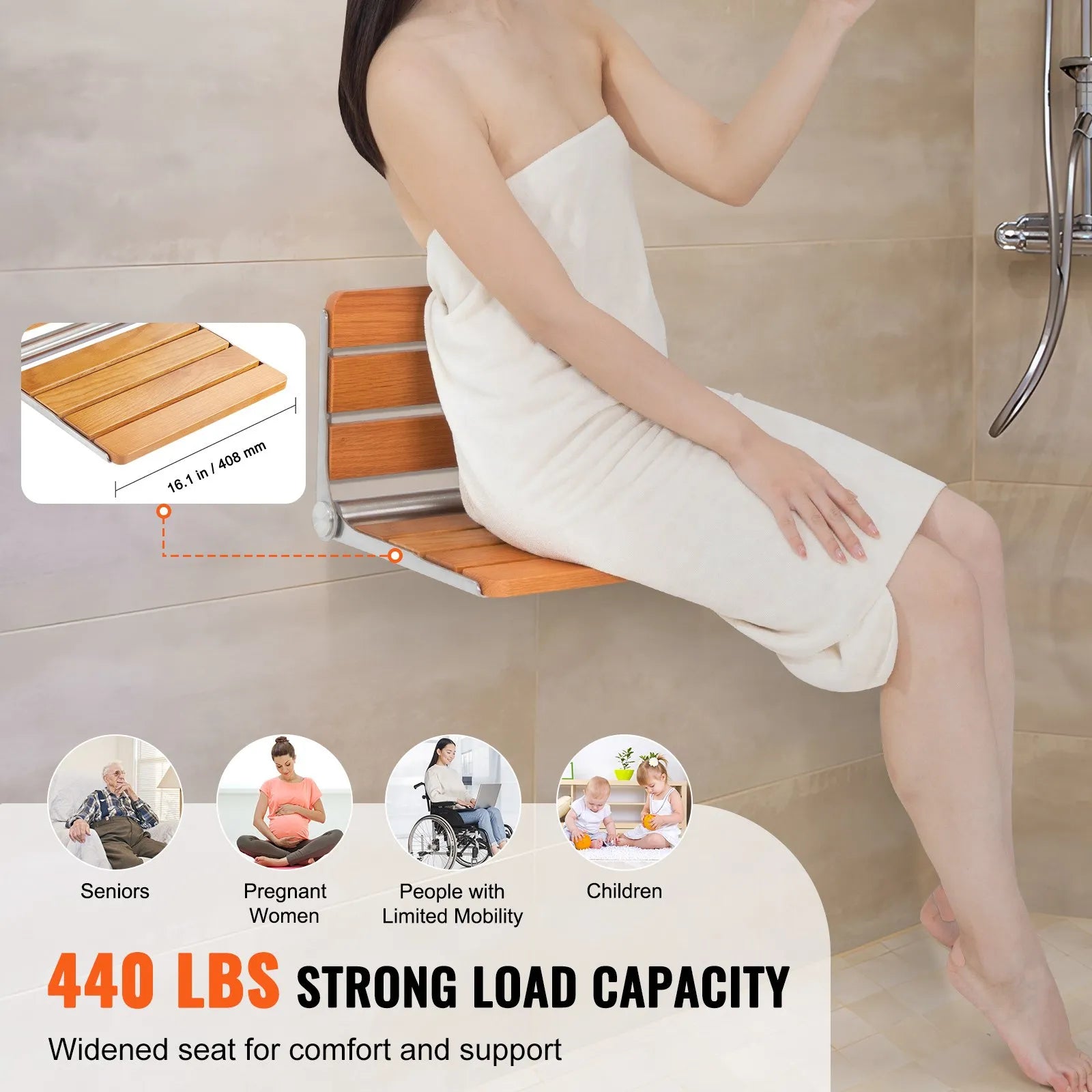 VEVOR Folding Oak Shower Seat 16.1" x 13.4" Wall Mounted Shower Bench 440 lbs