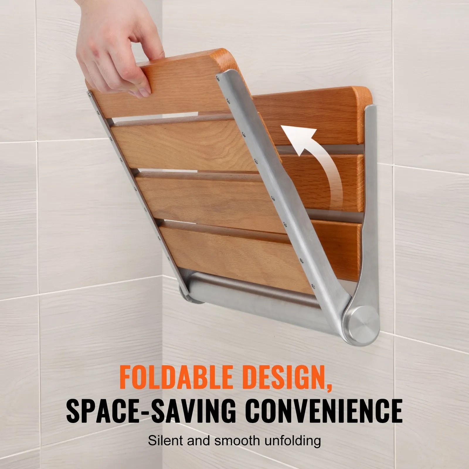 VEVOR Folding Oak Shower Seat 16.1" x 13.4" Wall Mounted Shower Bench 440 lbs