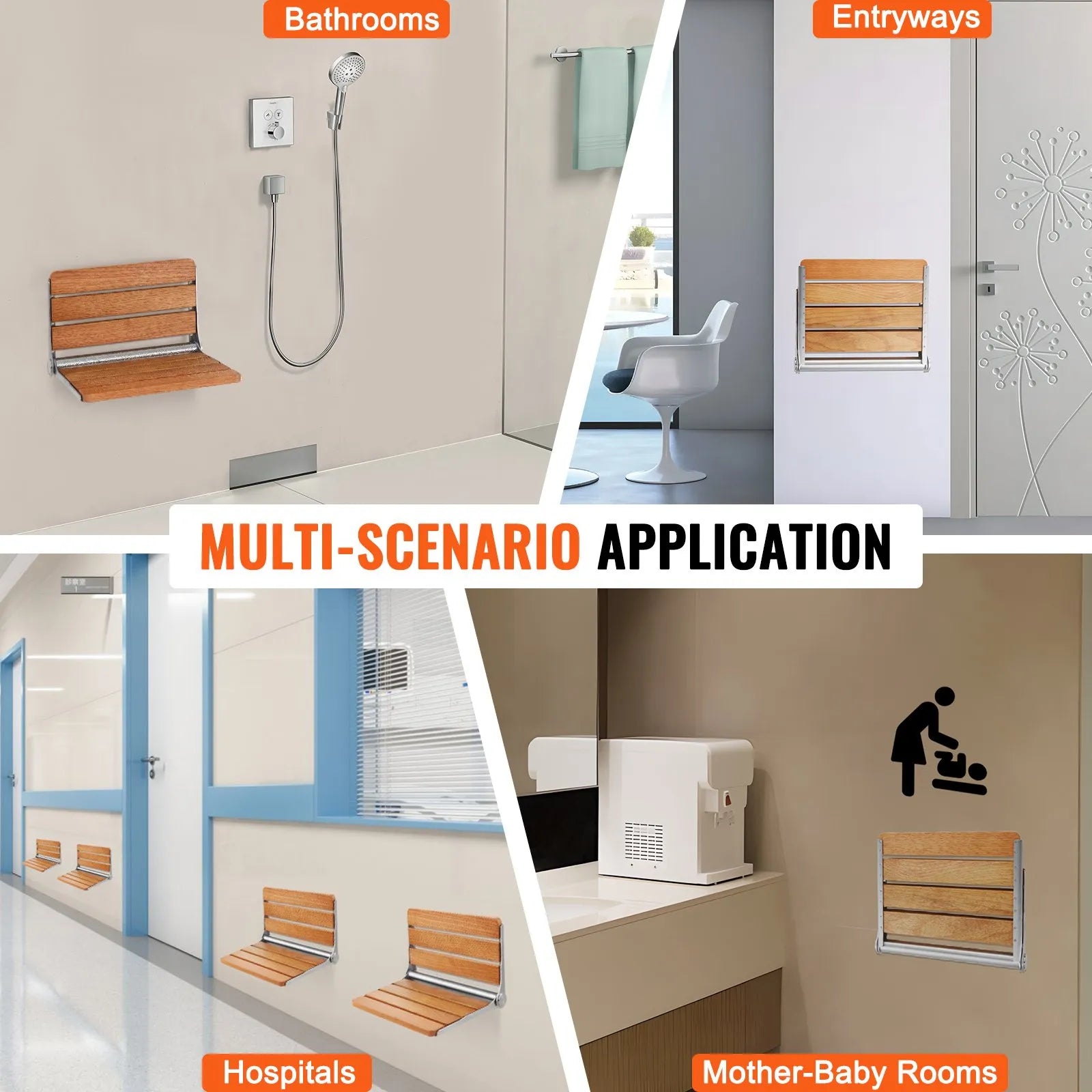 VEVOR Folding Oak Shower Seat 16.1" x 13.4" Wall Mounted Shower Bench 440 lbs