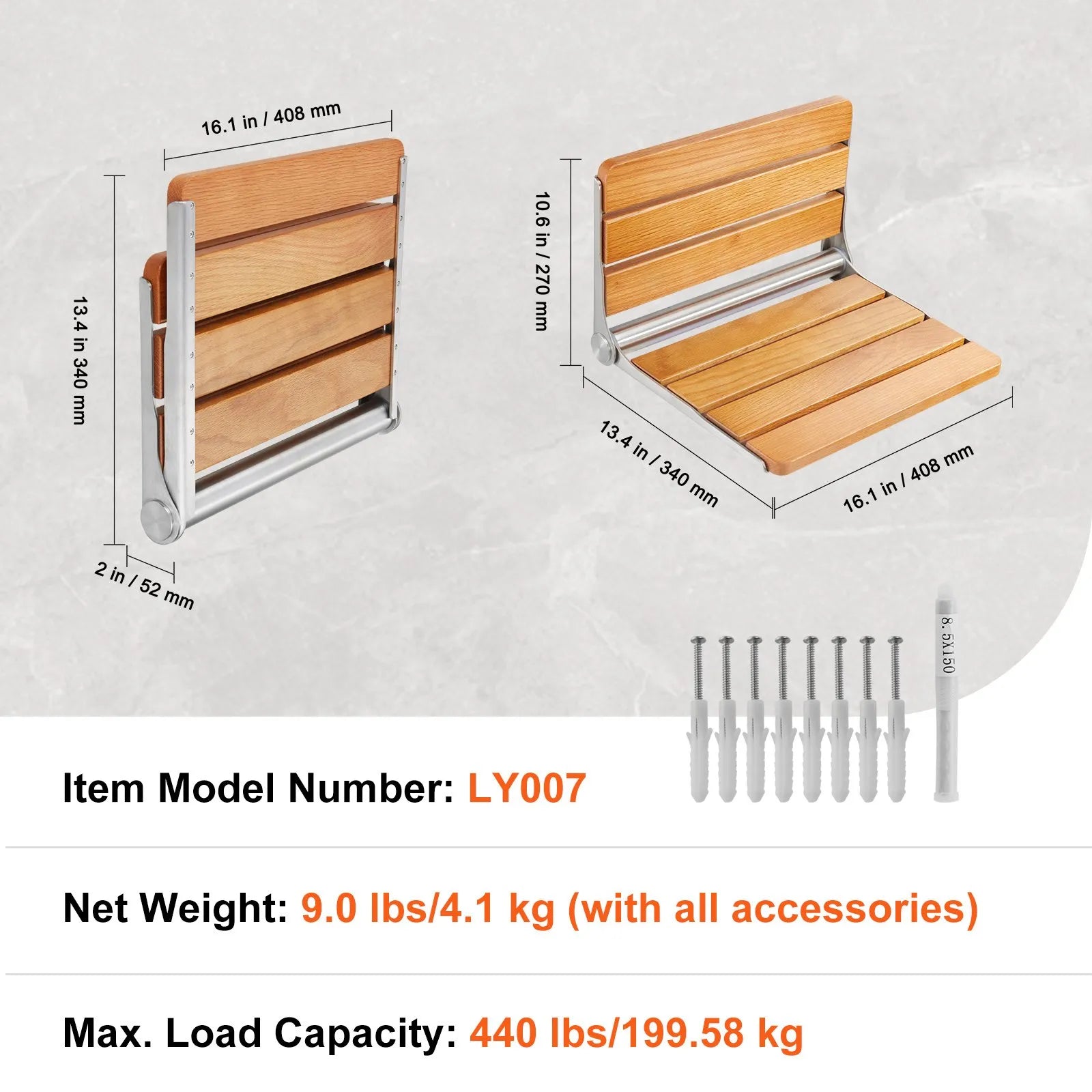 VEVOR Folding Oak Shower Seat 16.1" x 13.4" Wall Mounted Shower Bench 440 lbs