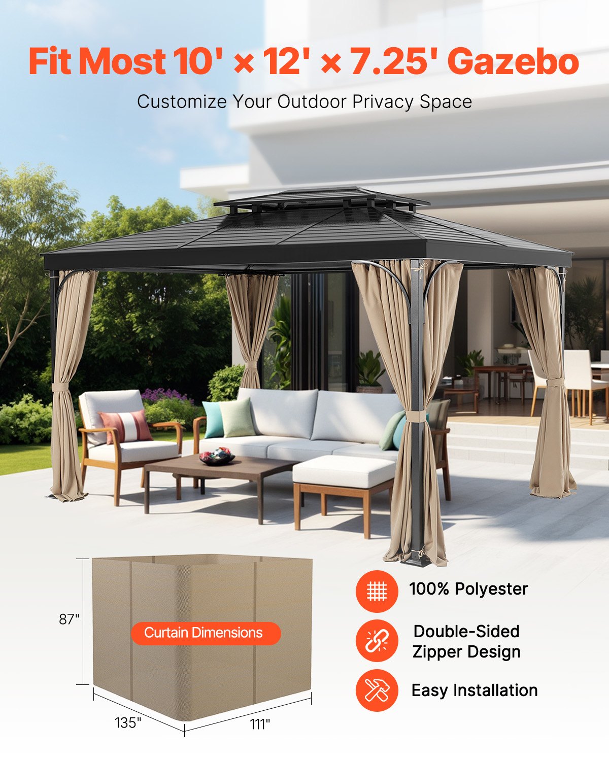 VEVOR Gazebo Privacy Curtain 12' x 10' x 7.3' Waterproof Gazebo Curtains Khaki 