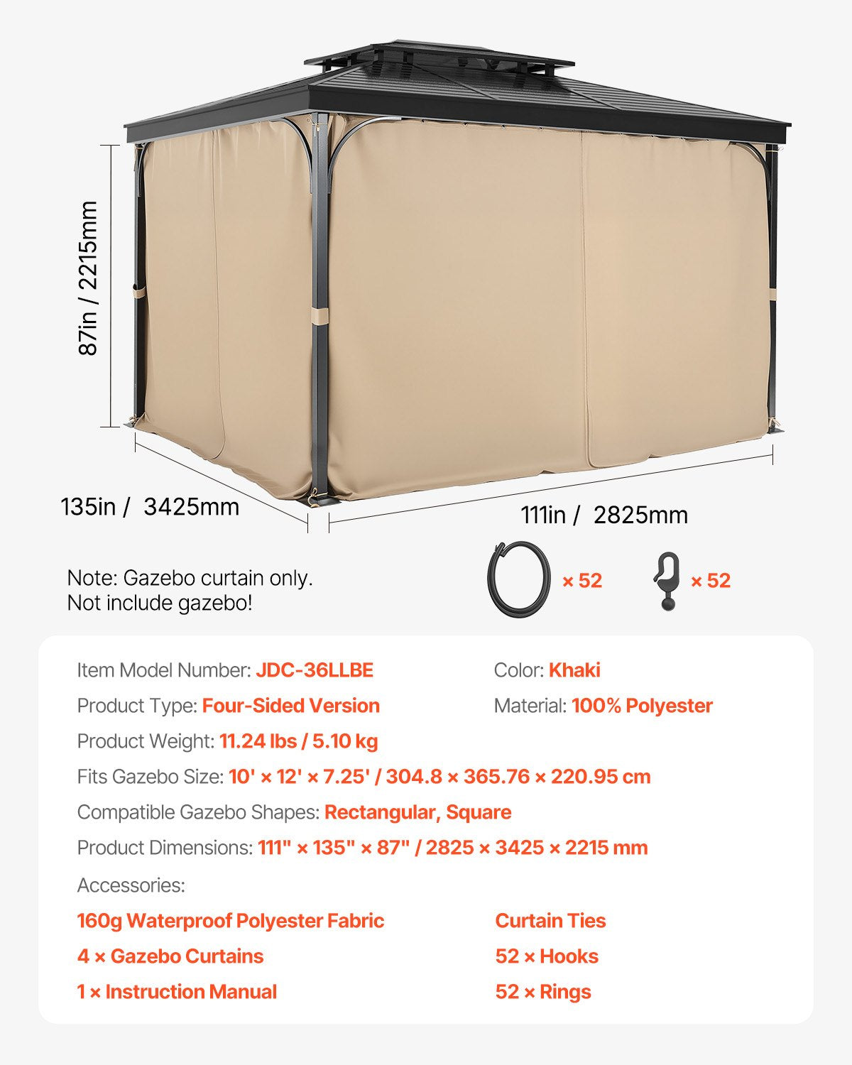 VEVOR Gazebo Privacy Curtain 12' x 10' x 7.3' Waterproof Gazebo Curtains Khaki 