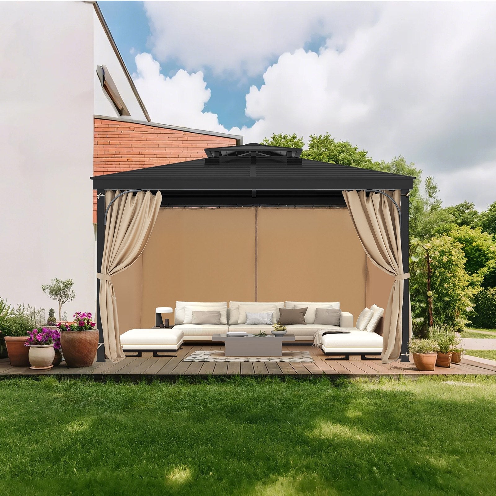 VEVOR Gazebo Privacy Curtain 12' x 10' x 7.3' Waterproof Gazebo Curtains Khaki 