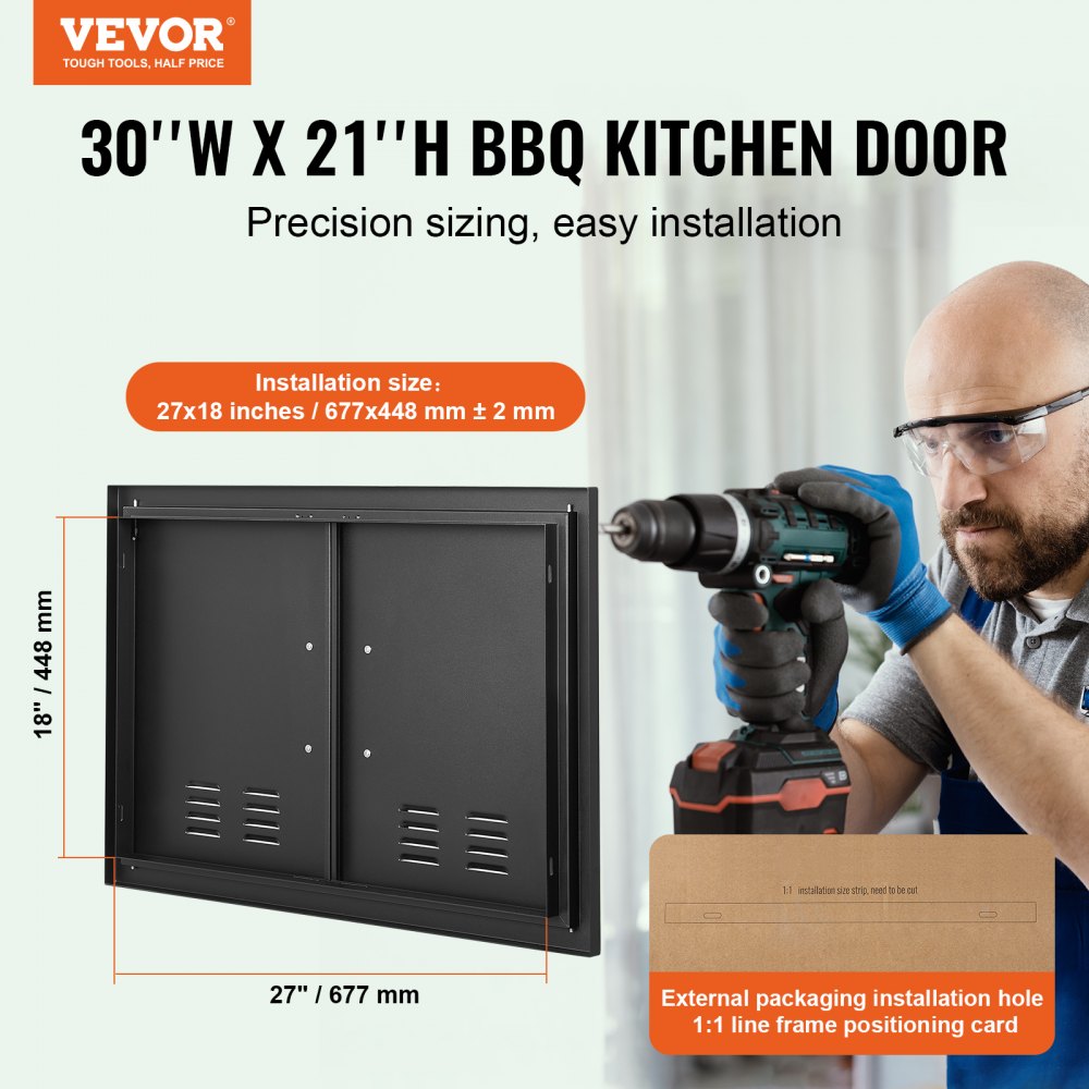 VEVOR BBQ Access Door, 30W x 21H Inch Double Outdoor Kitchen Door, Cold Plate Flush Mount Door, Wall Vertical Door with Handles and Ventss, for BBQ Island, Grilling Station, Outside Cabinet 