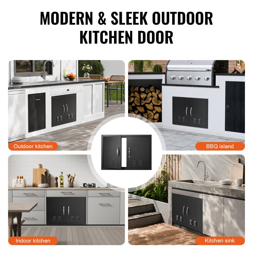 VEVOR BBQ Access Door, 30W x 21H Inch Double Outdoor Kitchen Door, Cold Plate Flush Mount Door, Wall Vertical Door with Handles and Ventss, for BBQ Island, Grilling Station, Outside Cabinet 