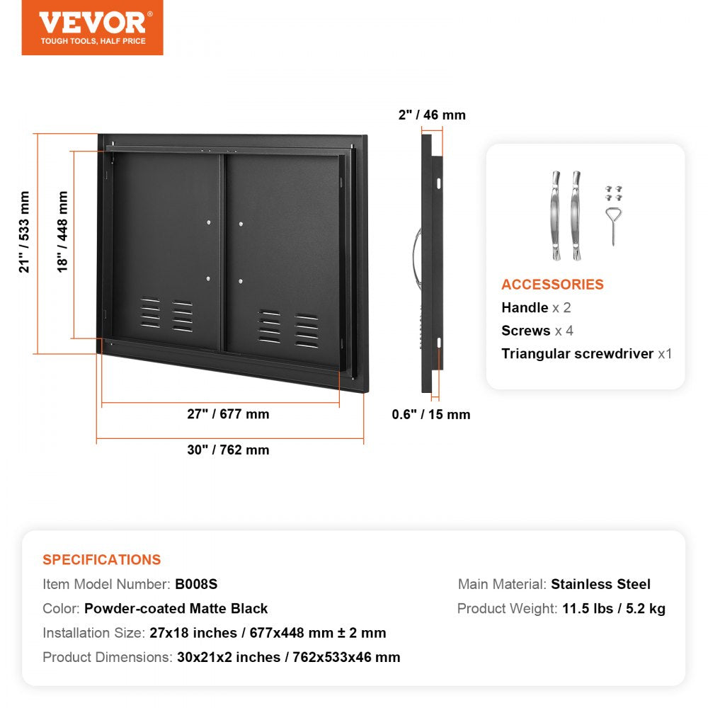 VEVOR BBQ Access Door, 30W x 21H Inch Double Outdoor Kitchen Door, Cold Plate Flush Mount Door, Wall Vertical Door with Handles and Ventss, for BBQ Island, Grilling Station, Outside Cabinet 