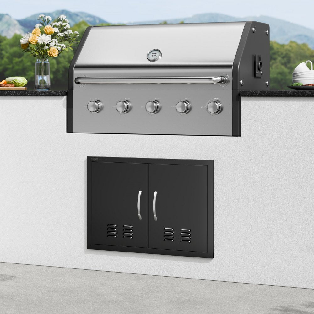 VEVOR BBQ Access Door, 30W x 21H Inch Double Outdoor Kitchen Door, Cold Plate Flush Mount Door, Wall Vertical Door with Handles and Ventss, for BBQ Island, Grilling Station, Outside Cabinet 