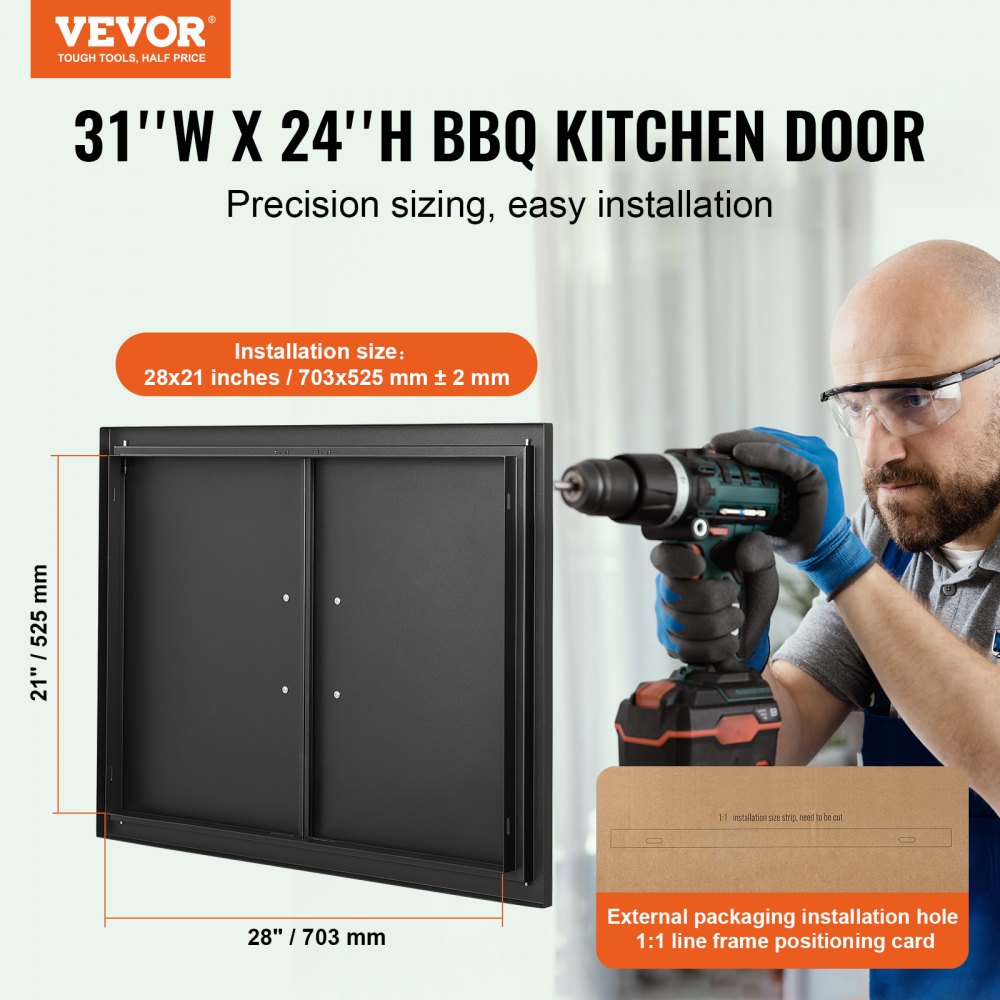 VEVOR BBQ Access Door, 31W x 24H Inch Double Outdoor Kitchen Door, Cold Plate Flush Mount Door, Wall Vertical Door with Handles, for BBQ Island, Grilling Station, Outside Cabinet 