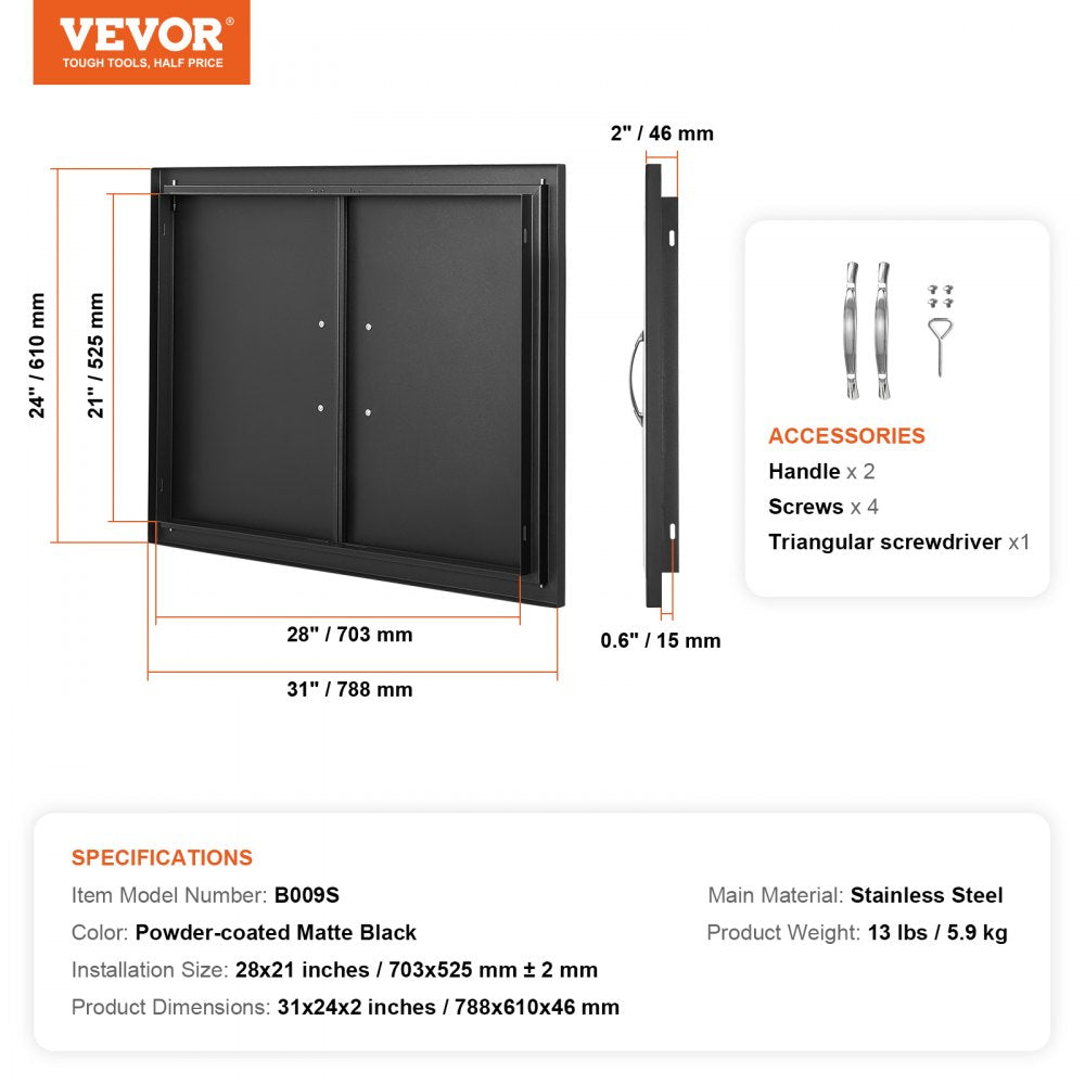 VEVOR BBQ Access Door, 31W x 24H Inch Double Outdoor Kitchen Door, Cold Plate Flush Mount Door, Wall Vertical Door with Handles, for BBQ Island, Grilling Station, Outside Cabinet 