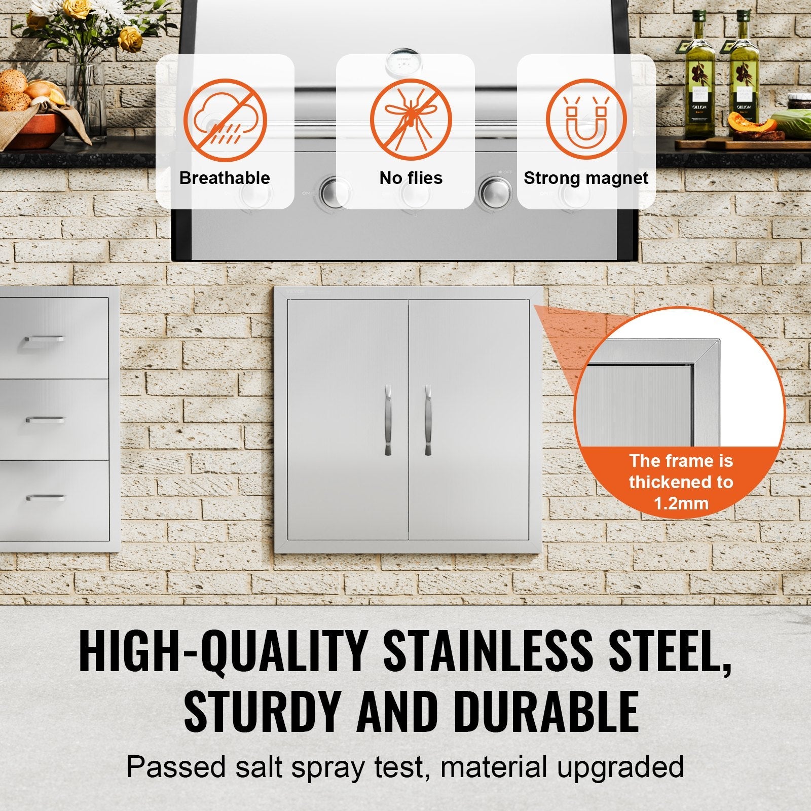 VEVOR BBQ Access Door, 24W x 24H Inch Double Outdoor Kitchen Door, Stainless Steel Flush Mount Door, Double Wall Vertical Door with Handles and Hooks, for BBQ Island, Grilling Station, Outside Cabinet 