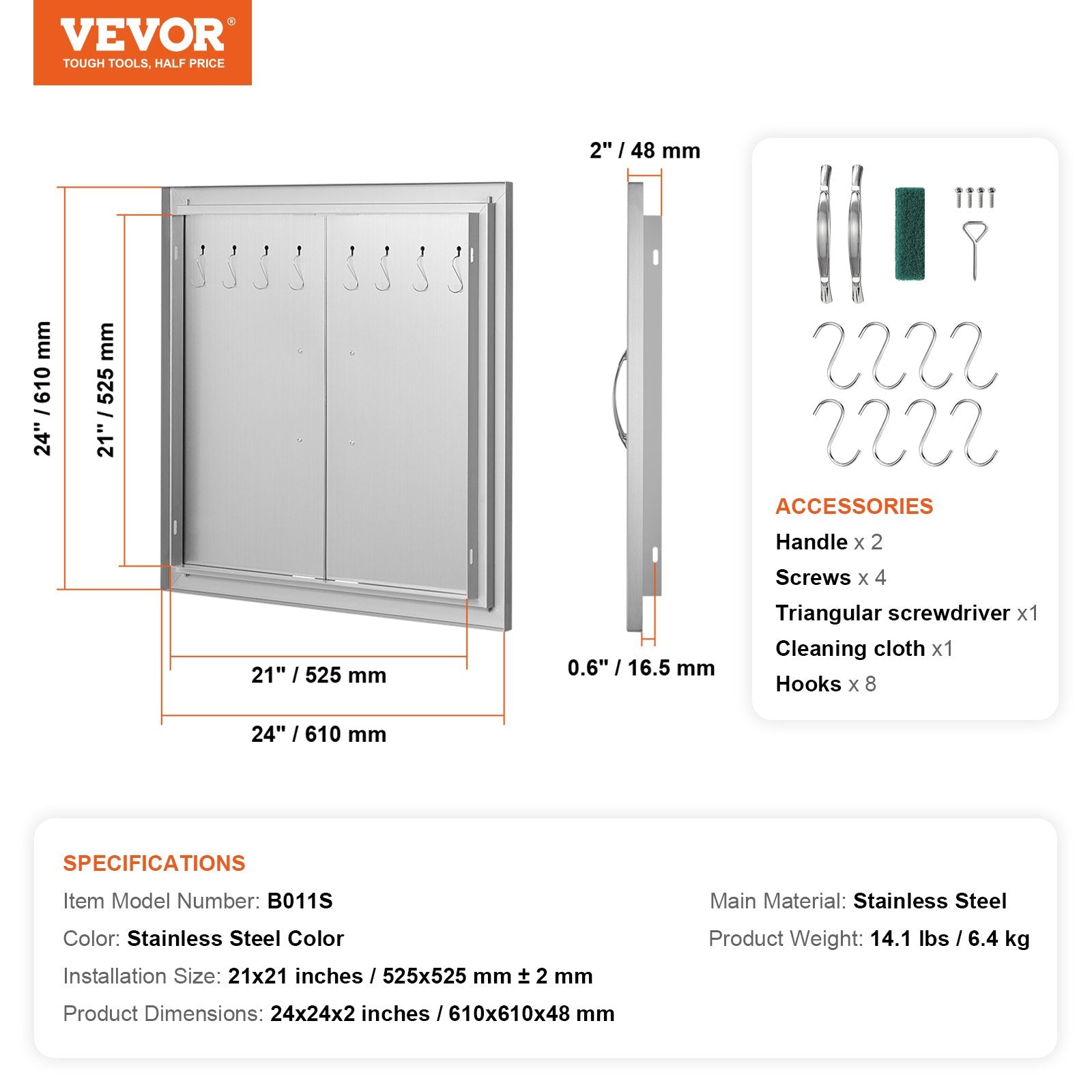 VEVOR BBQ Access Door, 24W x 24H Inch Double Outdoor Kitchen Door, Stainless Steel Flush Mount Door, Double Wall Vertical Door with Handles and Hooks, for BBQ Island, Grilling Station, Outside Cabinet 