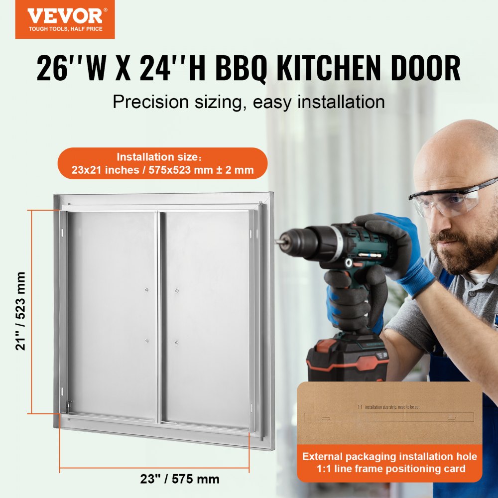 VEVOR BBQ Access Door, 26W x 24H Inch Double Outdoor Kitchen Door, Stainless Steel Flush Mount Door, Wall Vertical Door with Handles, for BBQ Island, Grilling Station, Outside Cabinet 