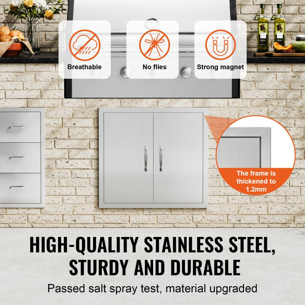 VEVOR BBQ Access Door, 26W x 24H Inch Double Outdoor Kitchen Door, Stainless Steel Flush Mount Door, Wall Vertical Door with Handles, for BBQ Island, Grilling Station, Outside Cabinet 