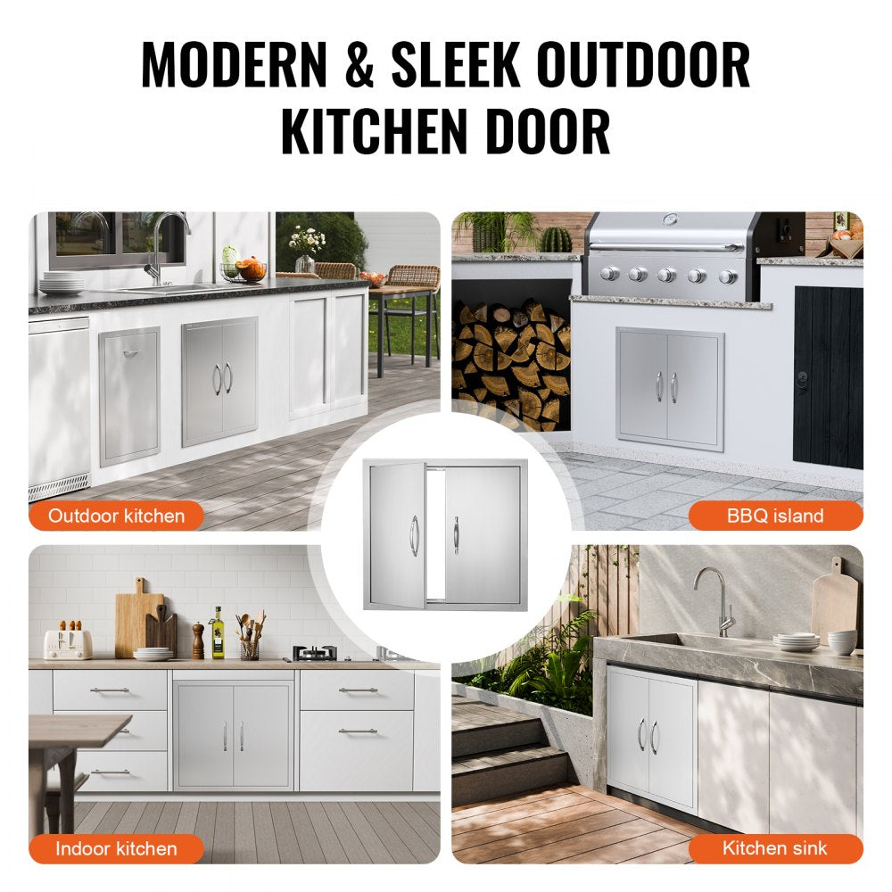 VEVOR BBQ Access Door, 26W x 24H Inch Double Outdoor Kitchen Door, Stainless Steel Flush Mount Door, Wall Vertical Door with Handles, for BBQ Island, Grilling Station, Outside Cabinet 
