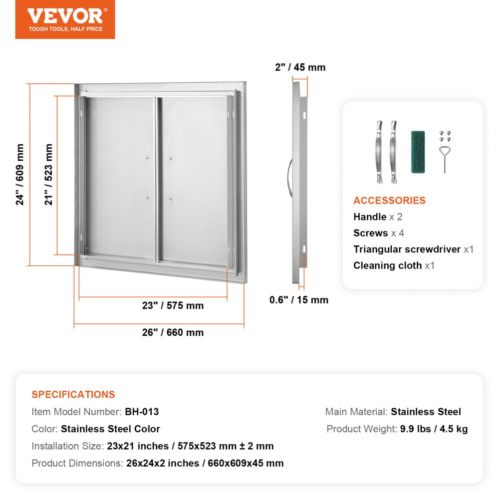 VEVOR BBQ Access Door, 26W x 24H Inch Double Outdoor Kitchen Door, Stainless Steel Flush Mount Door, Wall Vertical Door with Handles, for BBQ Island, Grilling Station, Outside Cabinet 