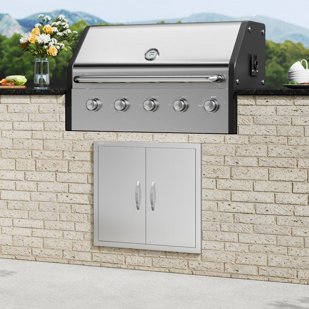 VEVOR BBQ Access Door, 26W x 24H Inch Double Outdoor Kitchen Door, Stainless Steel Flush Mount Door, Wall Vertical Door with Handles, for BBQ Island, Grilling Station, Outside Cabinet 