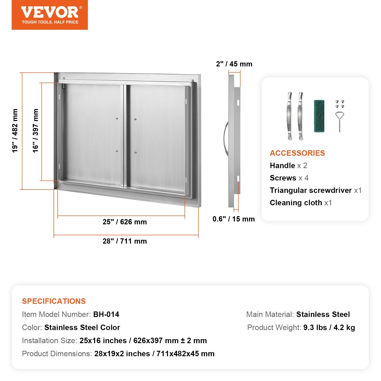 VEVOR BBQ Access Door, 28W x 19H Inch Double Outdoor Kitchen Door, Stainless Steel Flush Mount Door, Wall Vertical Door with Handles, for BBQ Island, Grilling Station, Outside Cabinet 