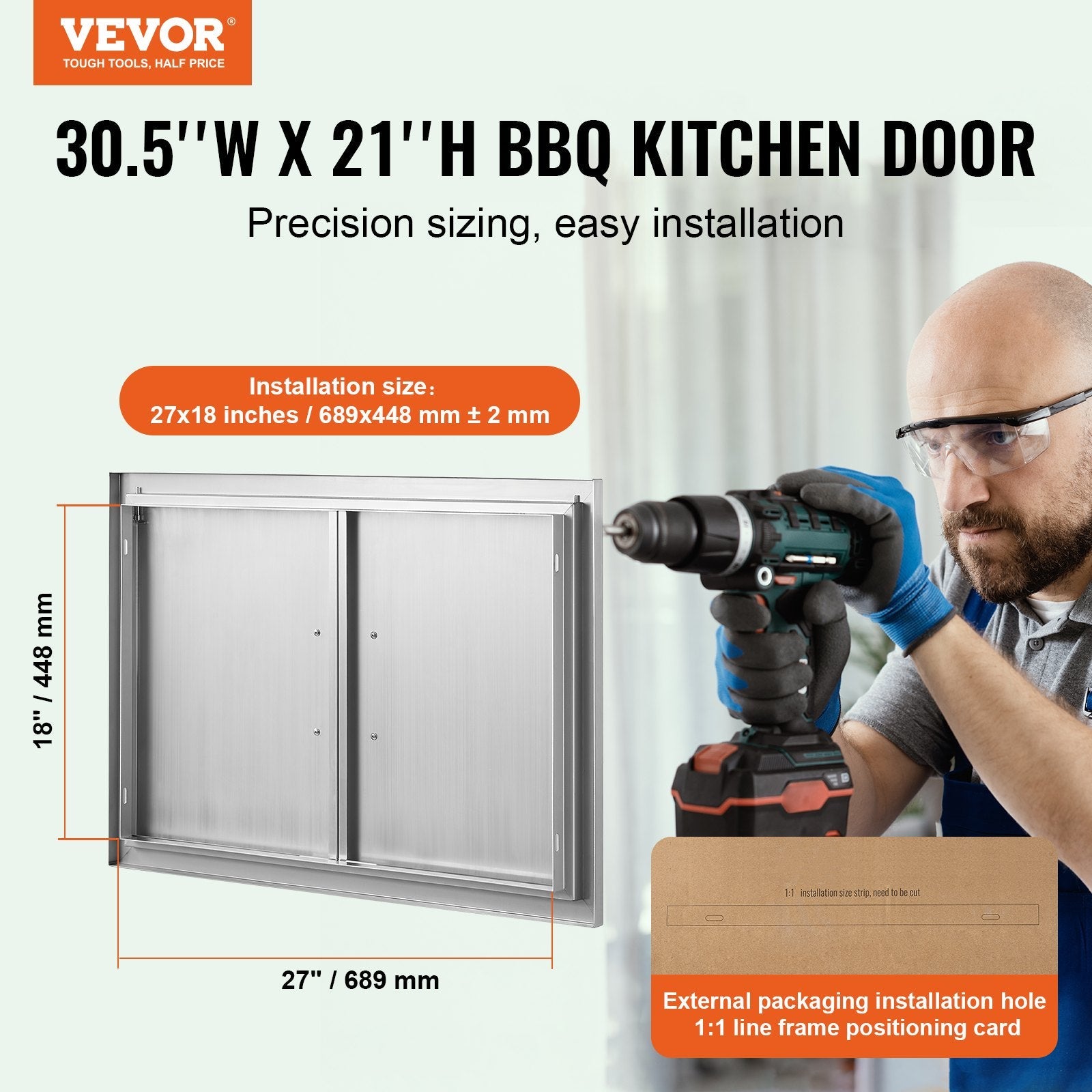 VEVOR BBQ Access Door, 30W x 21H Inch Double Outdoor Kitchen Door, Stainless Steel Flush Mount Door, Wall Vertical Door with Handles, for BBQ Island, Grilling Station, Outside Cabinet 