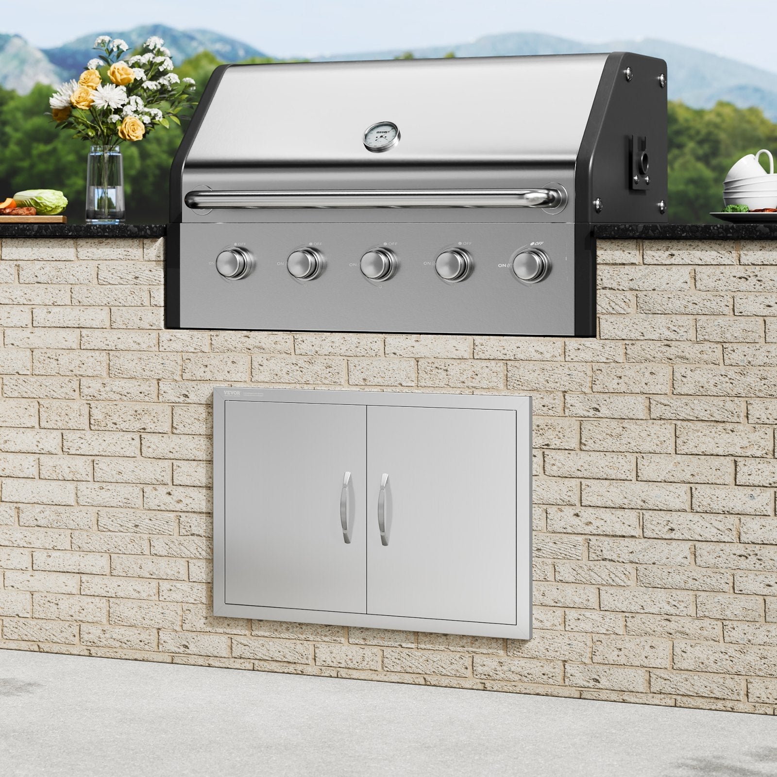 VEVOR BBQ Access Door, 30W x 21H Inch Double Outdoor Kitchen Door, Stainless Steel Flush Mount Door, Wall Vertical Door with Handles, for BBQ Island, Grilling Station, Outside Cabinet 