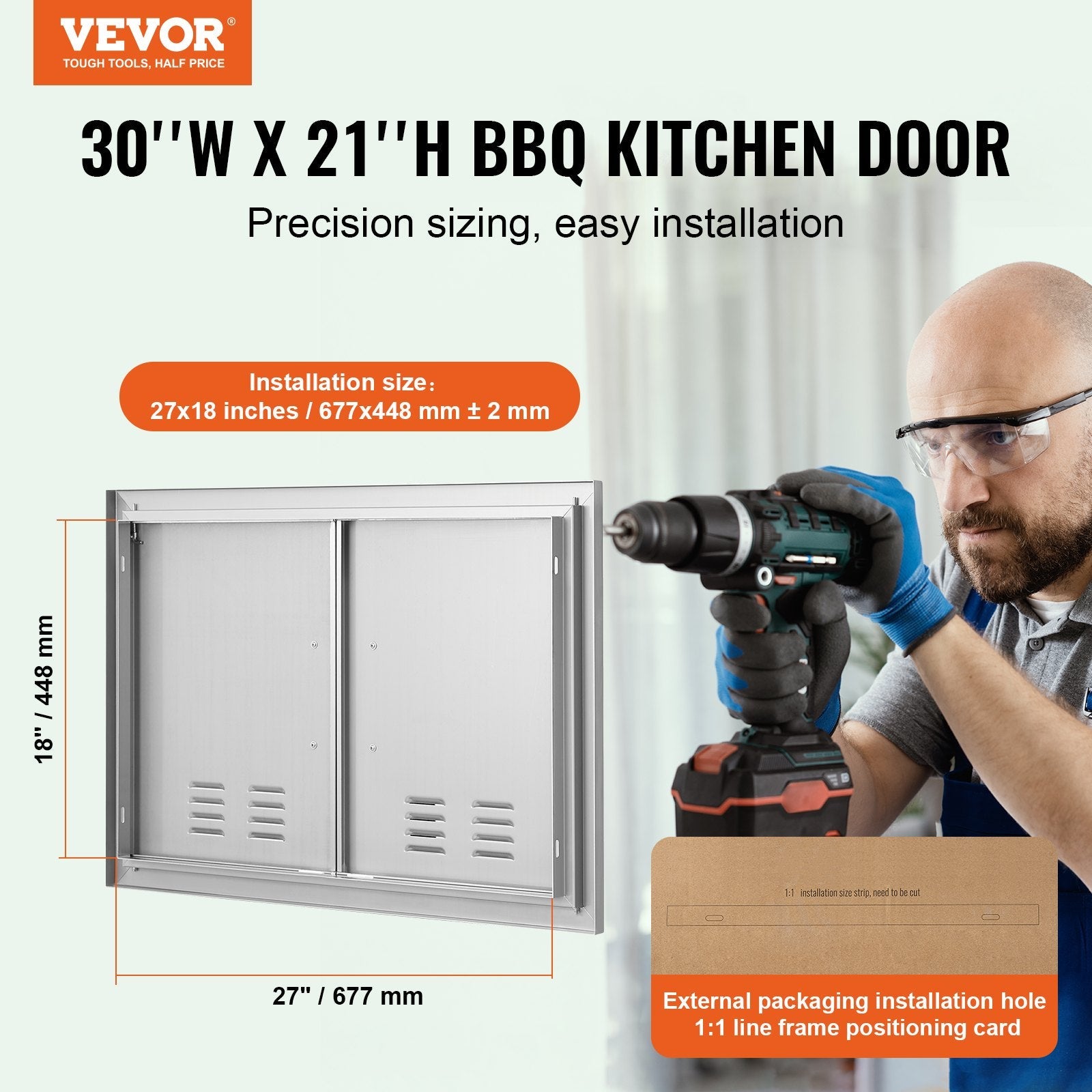 VEVOR BBQ Access Door, 30W x 21H Inch Double Outdoor Kitchen Door, Stainless Steel Flush Mount Door, Wall Vertical Door with Handles and Vents, for BBQ Island, Grilling Station, Outside Cabinet 