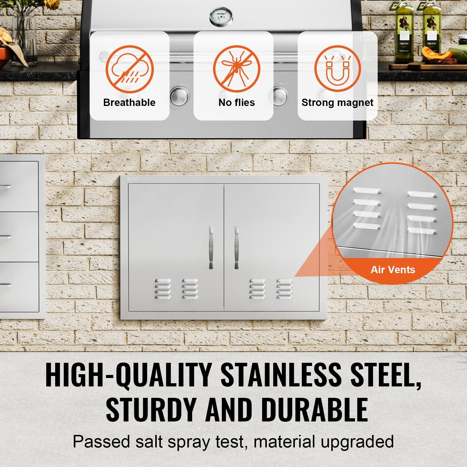VEVOR BBQ Access Door, 30W x 21H Inch Double Outdoor Kitchen Door, Stainless Steel Flush Mount Door, Wall Vertical Door with Handles and Vents, for BBQ Island, Grilling Station, Outside Cabinet 