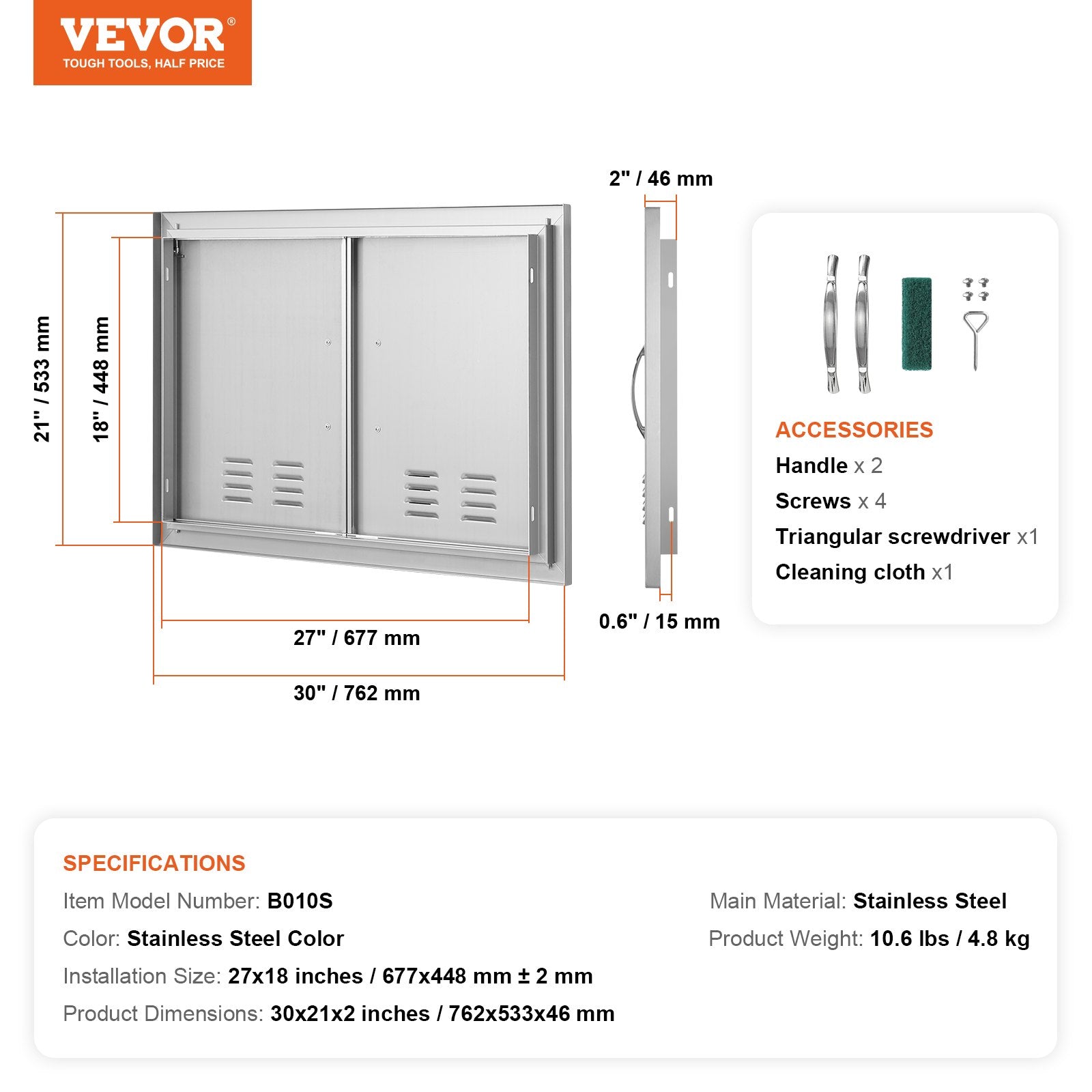 VEVOR BBQ Access Door, 30W x 21H Inch Double Outdoor Kitchen Door, Stainless Steel Flush Mount Door, Wall Vertical Door with Handles and Vents, for BBQ Island, Grilling Station, Outside Cabinet 