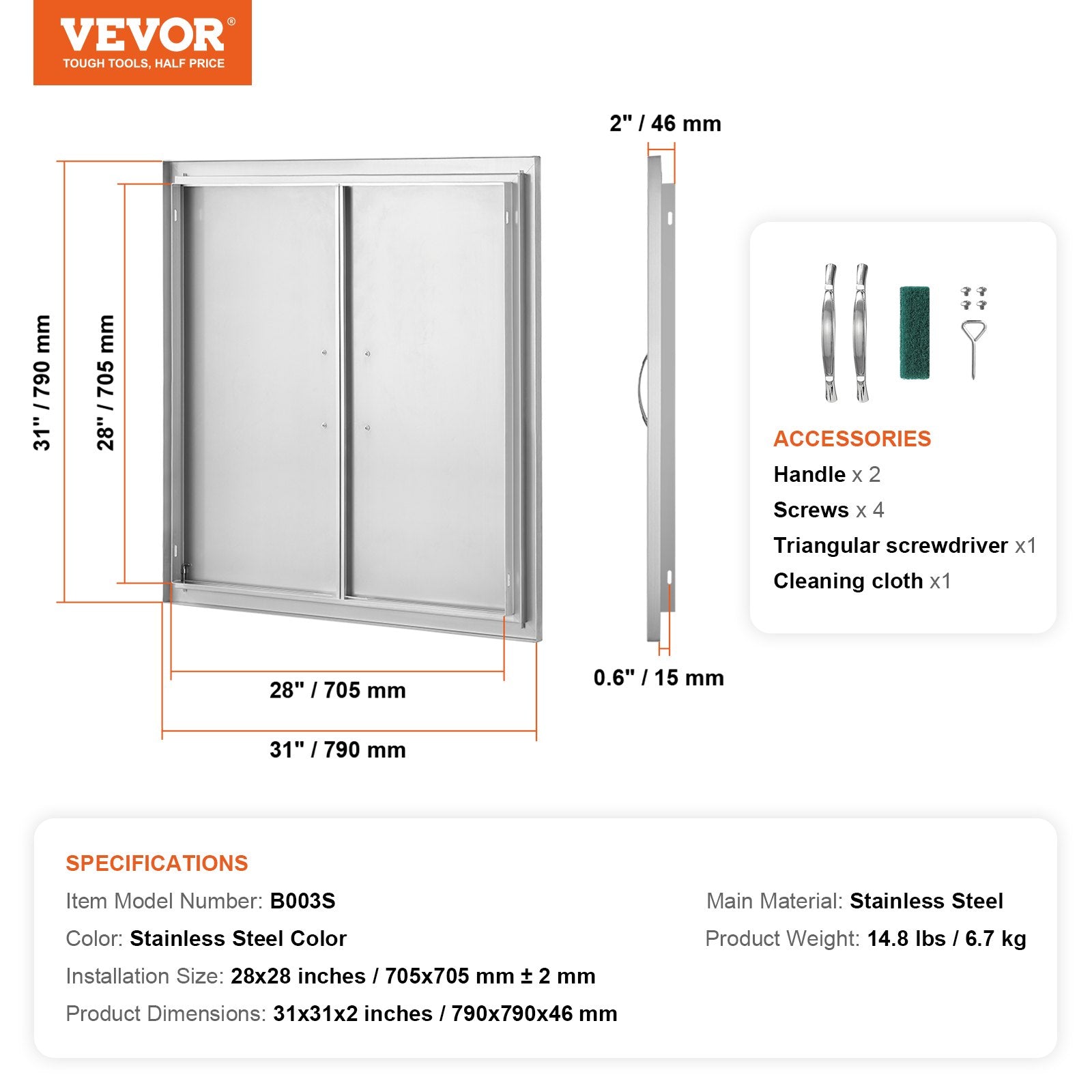 VEVOR BBQ Access Door, 31W x 31H Inch Double Outdoor Kitchen Door, Stainless Steel Flush Mount Door, Wall Vertical Door with Handles, for BBQ Island, Grilling Station, Outside Cabinet 