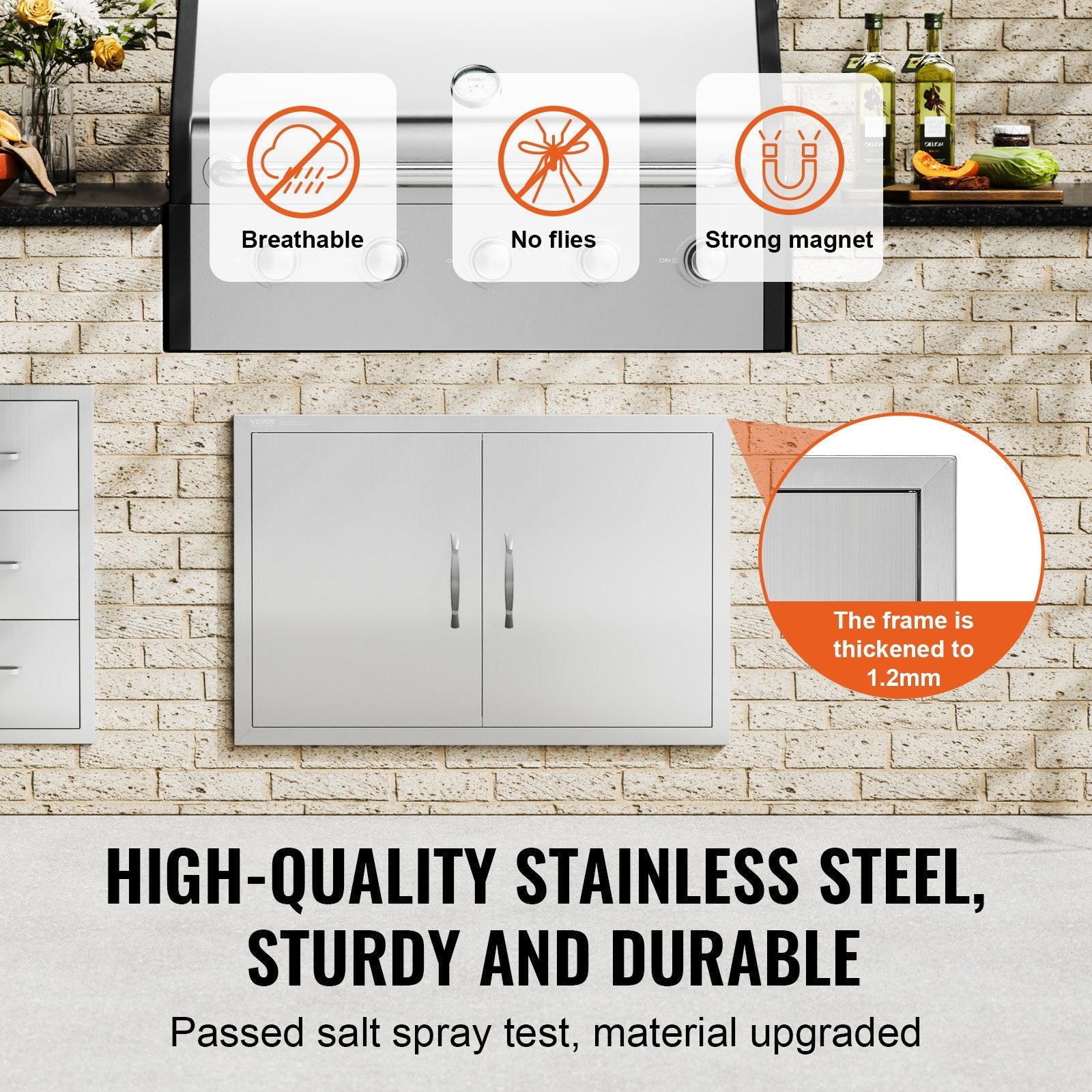 VEVOR BBQ Access Door, 33W x 22H Inch Double Outdoor Kitchen Door, Stainless Steel Flush Mount Door, Wall Vertical Door with Handles, for BBQ Island, Grilling Station, Outside Cabinet 