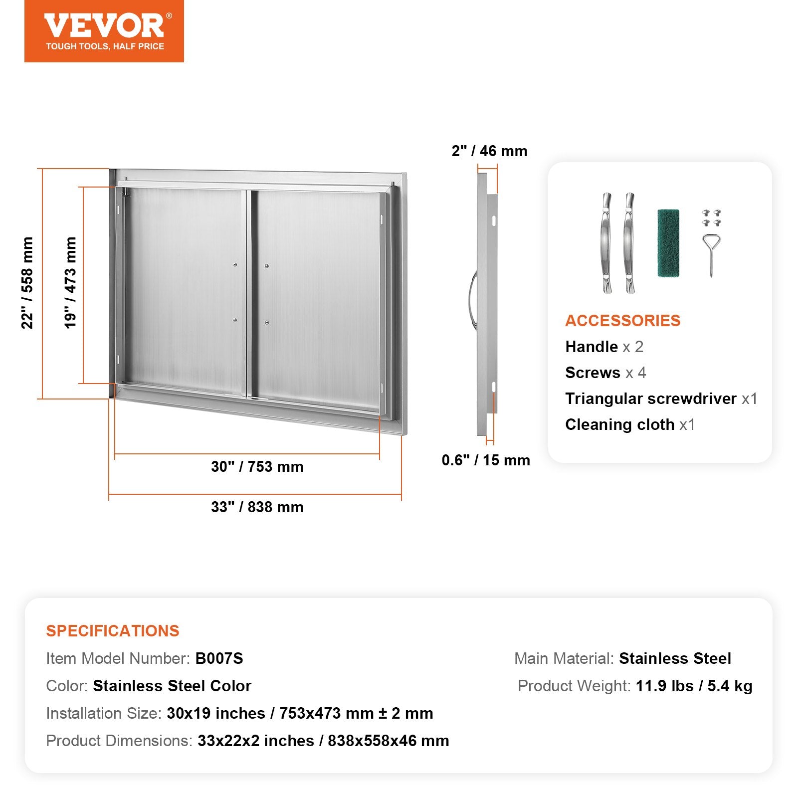 VEVOR BBQ Access Door, 33W x 22H Inch Double Outdoor Kitchen Door, Stainless Steel Flush Mount Door, Wall Vertical Door with Handles, for BBQ Island, Grilling Station, Outside Cabinet 
