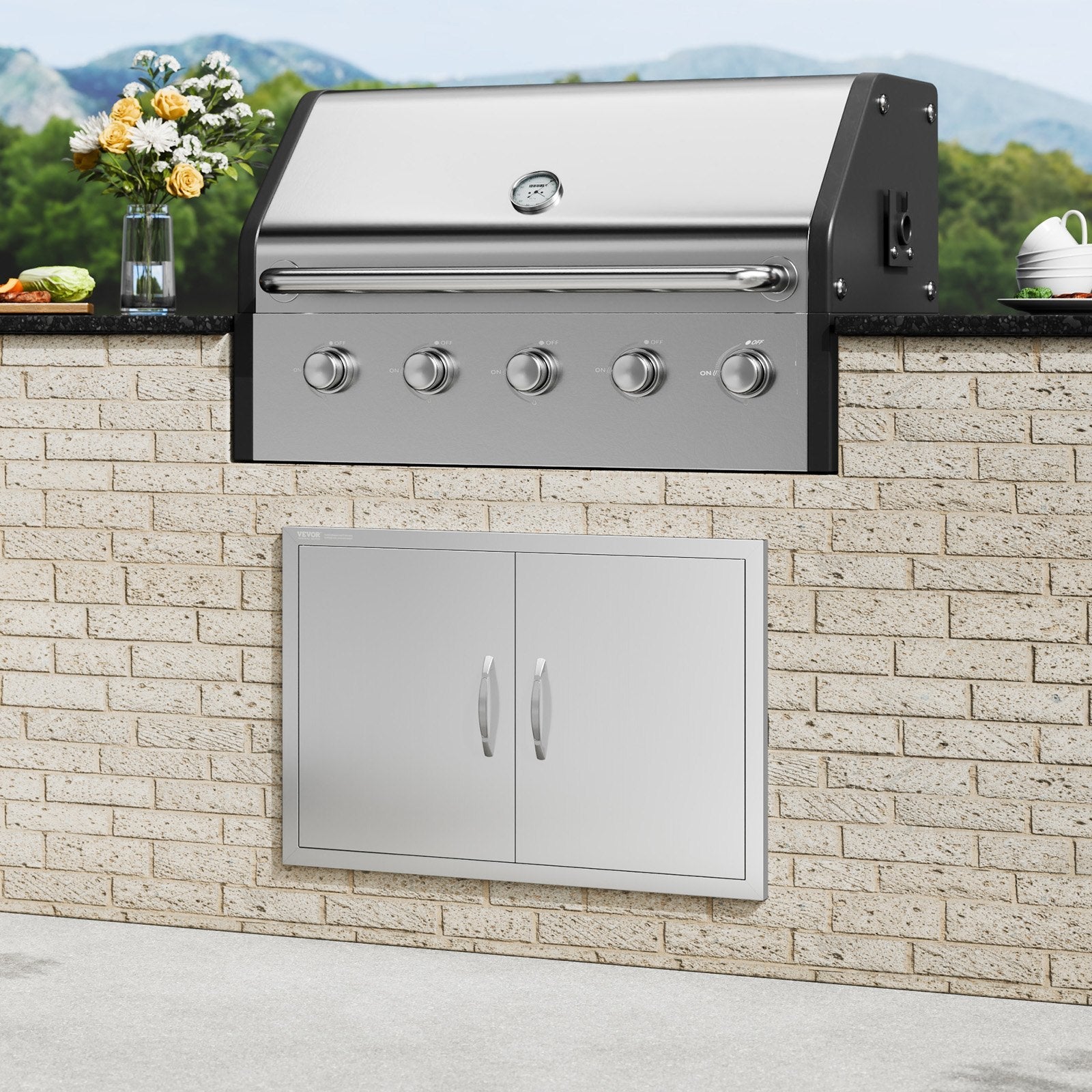 VEVOR BBQ Access Door, 33W x 22H Inch Double Outdoor Kitchen Door, Stainless Steel Flush Mount Door, Wall Vertical Door with Handles, for BBQ Island, Grilling Station, Outside Cabinet 