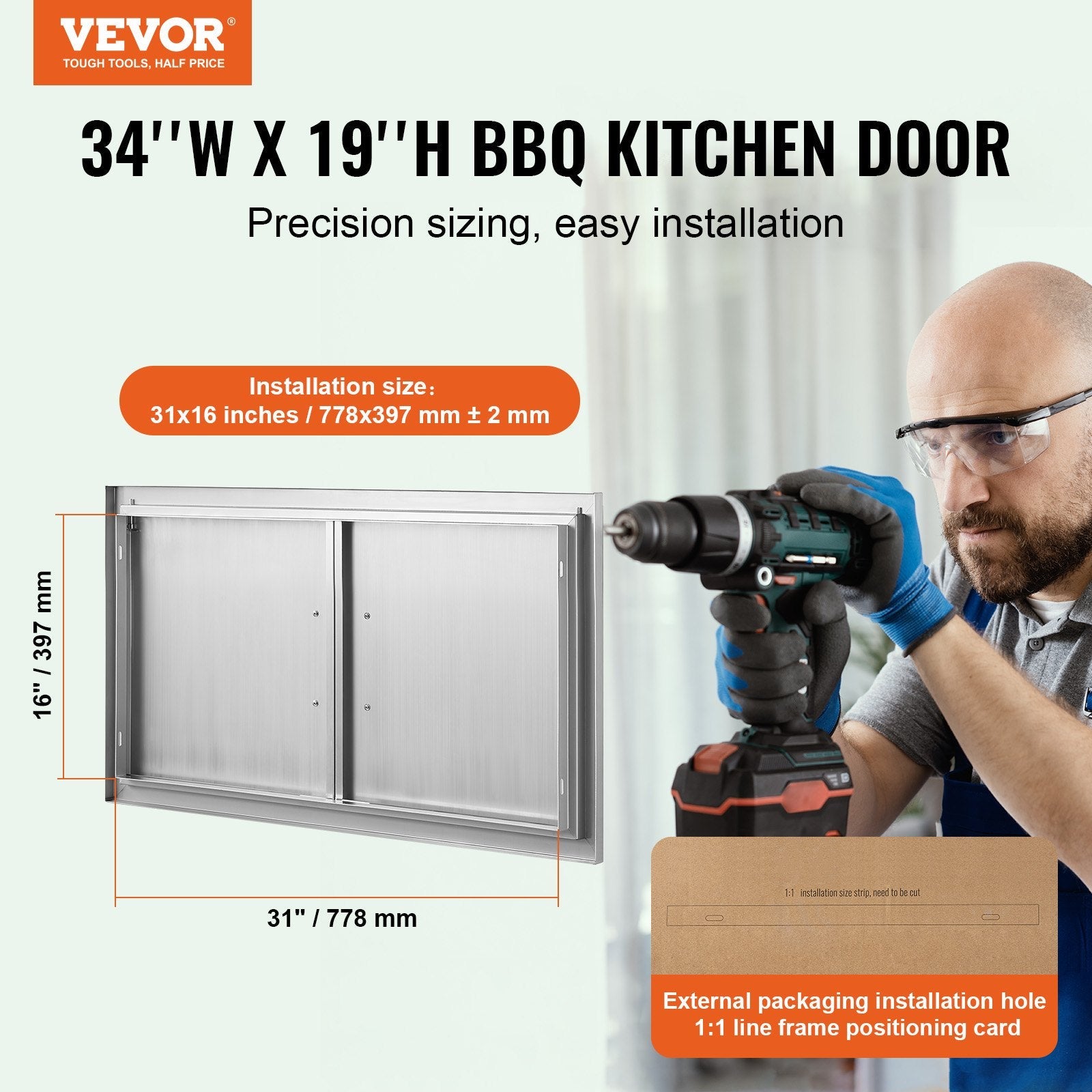 VEVOR BBQ Access Door, 34W x 19H Inch Double Outdoor Kitchen Door, Stainless Steel Flush Mount Door, Wall Vertical Door with Handles, for BBQ Island, Grilling Station, Outside Cabinet 