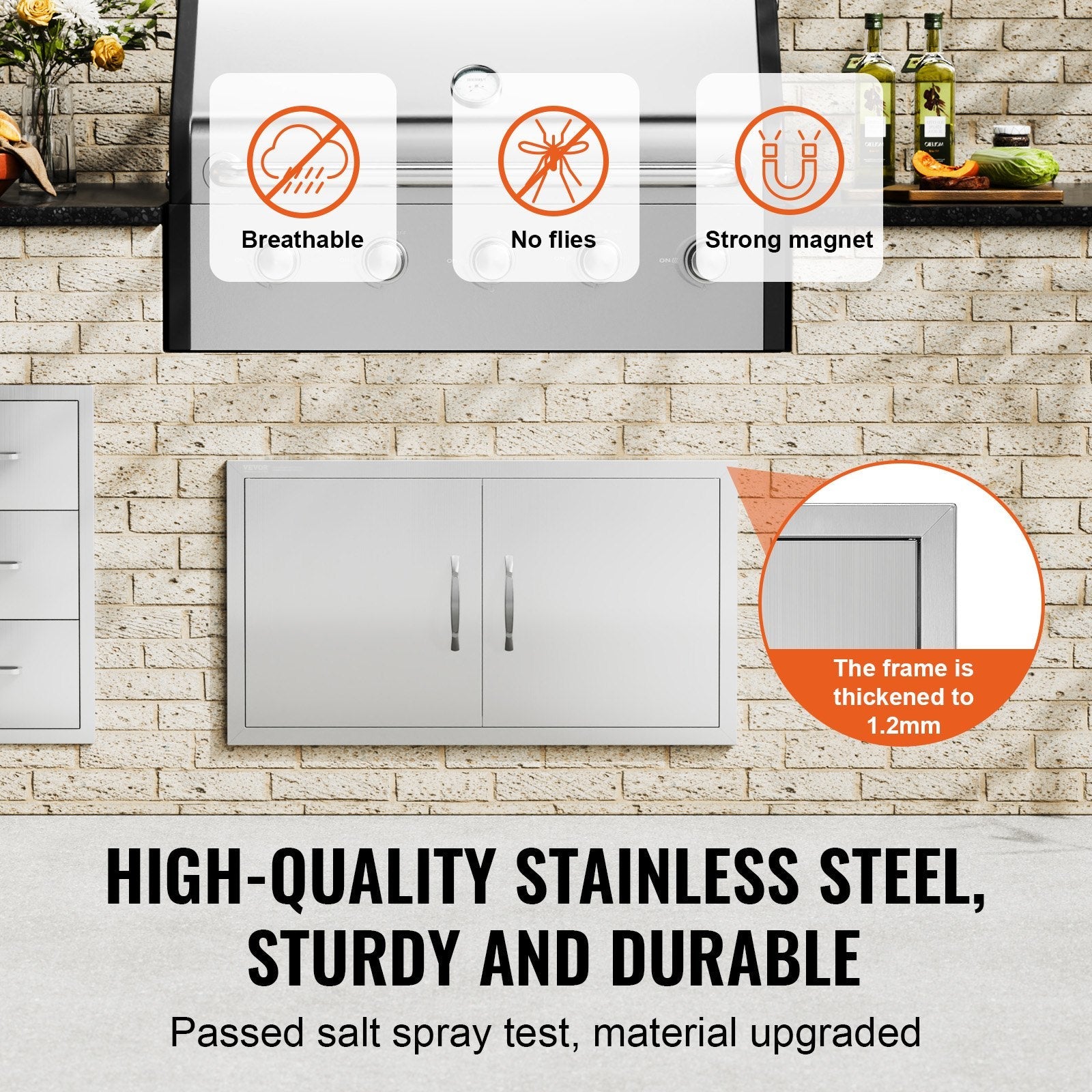 VEVOR BBQ Access Door, 34W x 19H Inch Double Outdoor Kitchen Door, Stainless Steel Flush Mount Door, Wall Vertical Door with Handles, for BBQ Island, Grilling Station, Outside Cabinet 