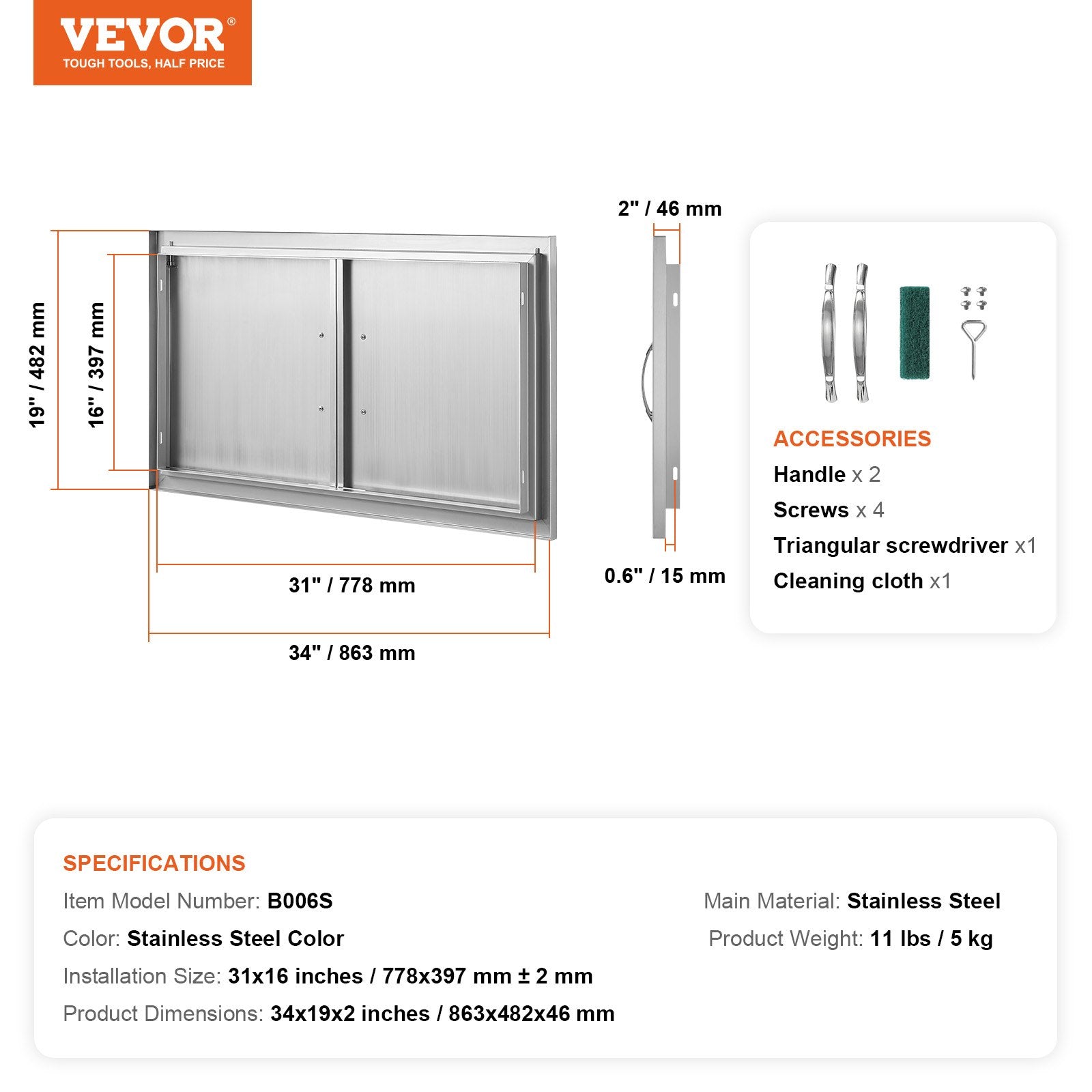 VEVOR BBQ Access Door, 34W x 19H Inch Double Outdoor Kitchen Door, Stainless Steel Flush Mount Door, Wall Vertical Door with Handles, for BBQ Island, Grilling Station, Outside Cabinet 