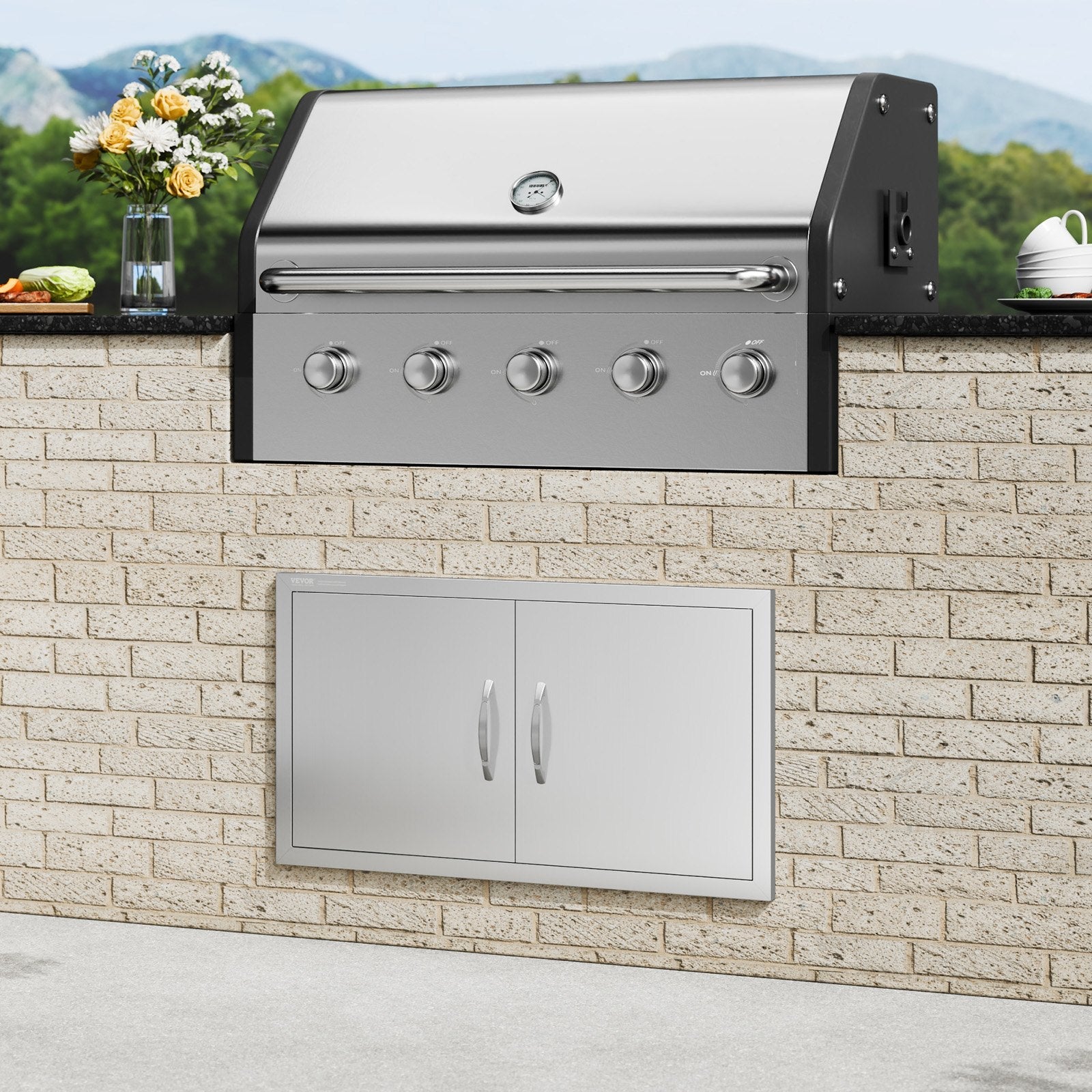 VEVOR BBQ Access Door, 34W x 19H Inch Double Outdoor Kitchen Door, Stainless Steel Flush Mount Door, Wall Vertical Door with Handles, for BBQ Island, Grilling Station, Outside Cabinet 