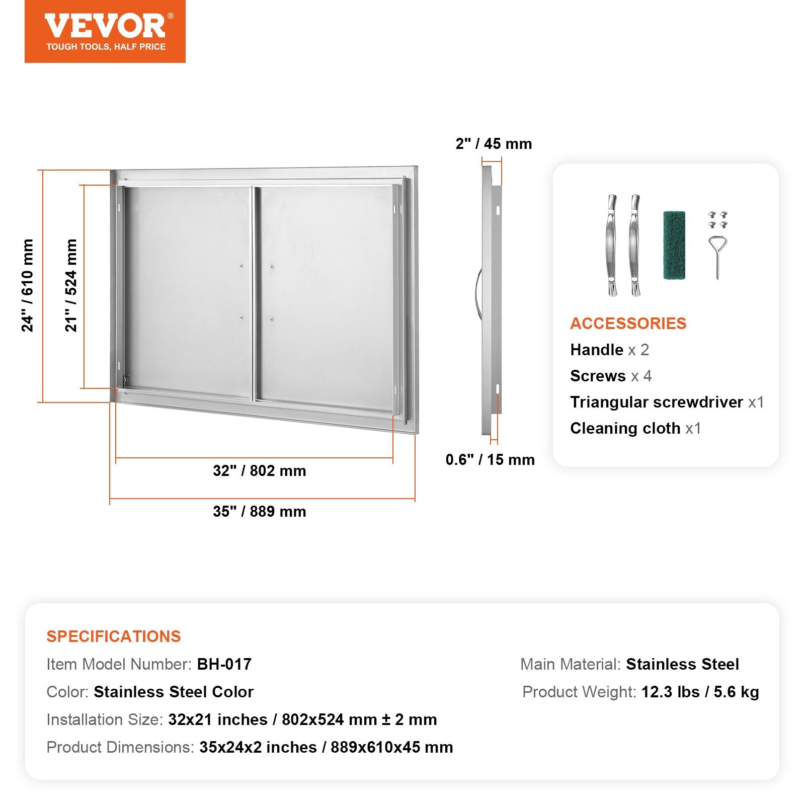 VEVOR BBQ Access Door, 35W x 24H Inch Double Outdoor Kitchen Door, Stainless Steel Flush Mount Door, Wall Vertical Door with Handles, for BBQ Island, Grilling Station, Outside Cabinet 