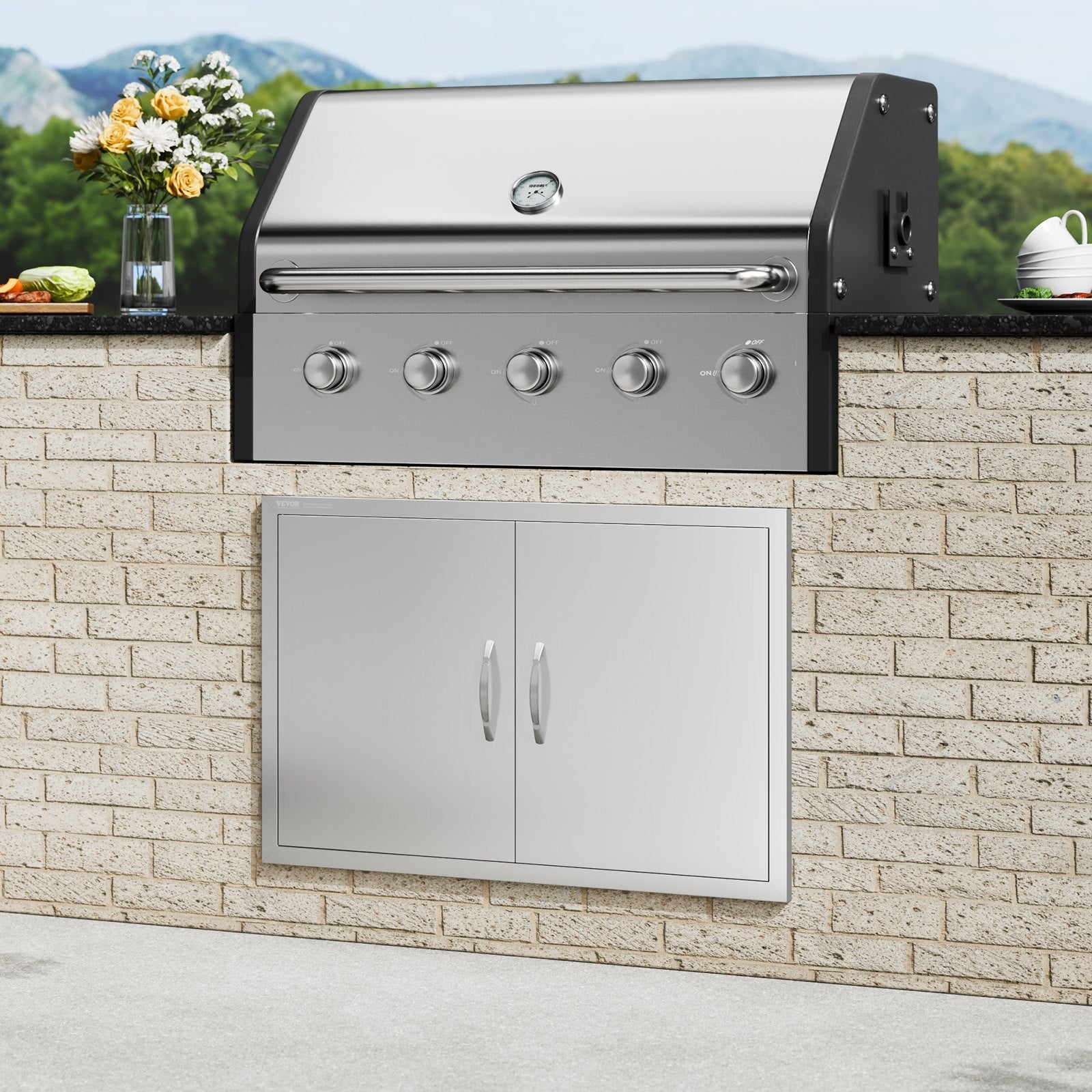 VEVOR BBQ Access Door, 35W x 24H Inch Double Outdoor Kitchen Door, Stainless Steel Flush Mount Door, Wall Vertical Door with Handles, for BBQ Island, Grilling Station, Outside Cabinet 