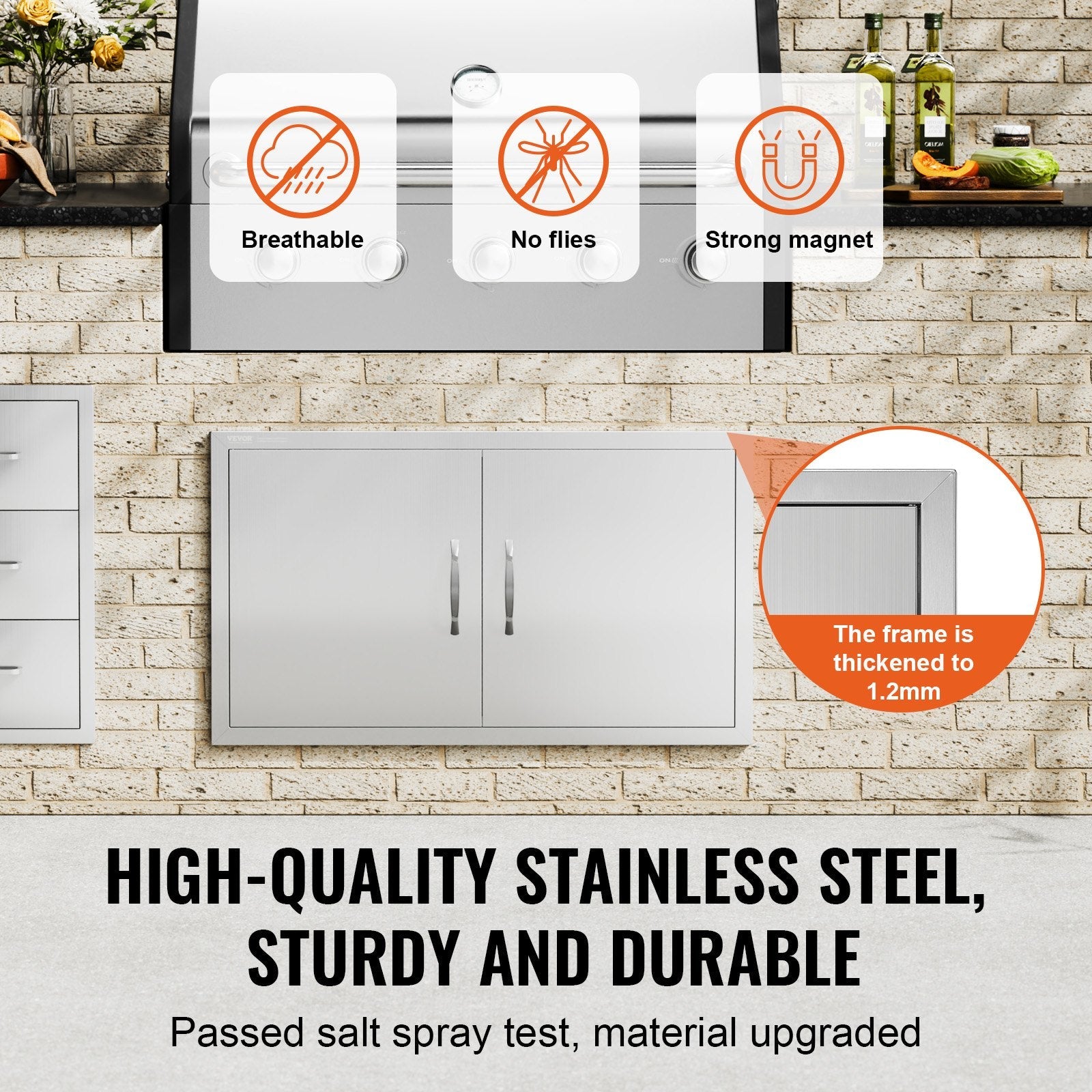 VEVOR BBQ Access Door, 36W x 21H Inch Double Outdoor Kitchen Door, Stainless Steel Flush Mount Door, Wall Vertical Door with Handles, for BBQ Island, Grilling Station, Outside Cabinet 