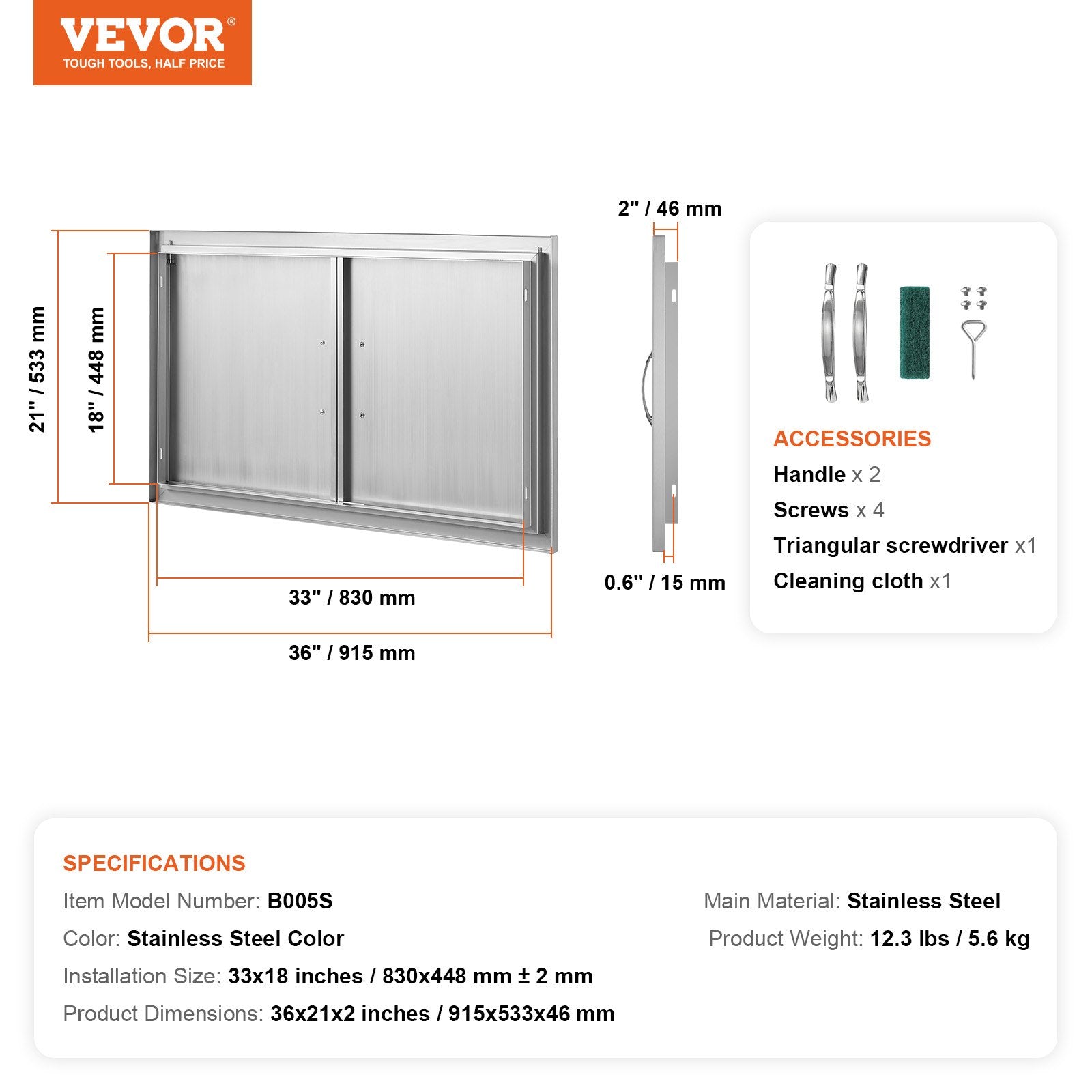 VEVOR BBQ Access Door, 36W x 21H Inch Double Outdoor Kitchen Door, Stainless Steel Flush Mount Door, Wall Vertical Door with Handles, for BBQ Island, Grilling Station, Outside Cabinet 