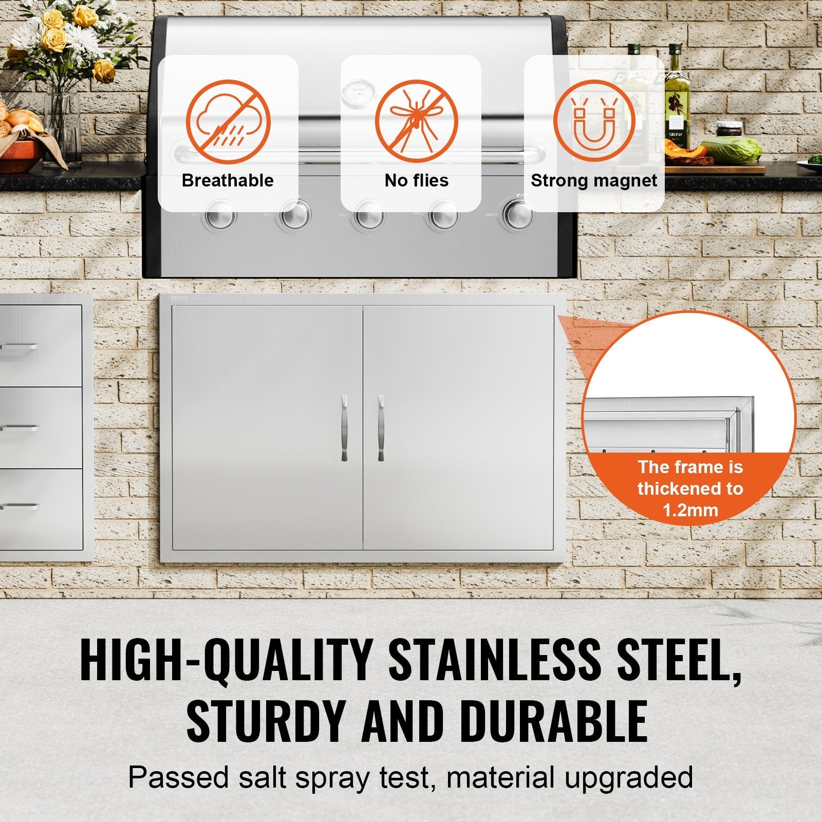 VEVOR BBQ Access Door, 39W x 26H Inch Double Outdoor Kitchen Door, Stainless Steel Flush Mount Door, Wall Vertical Door with Handles and Hooks, for BBQ Island, Grilling Station, Outside Cabinet 