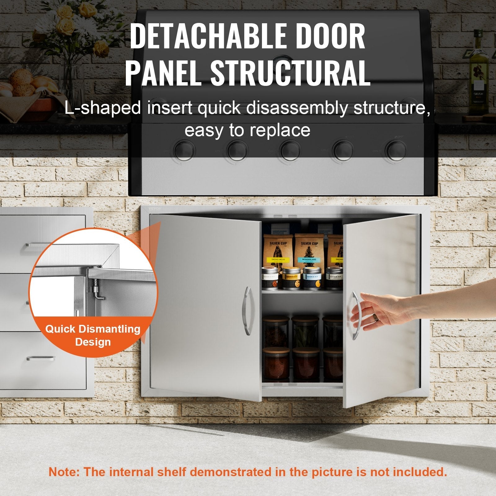 VEVOR BBQ Access Door, 39W x 26H Inch Double Outdoor Kitchen Door, Stainless Steel Flush Mount Door, Wall Vertical Door with Handles and Hooks, for BBQ Island, Grilling Station, Outside Cabinet 