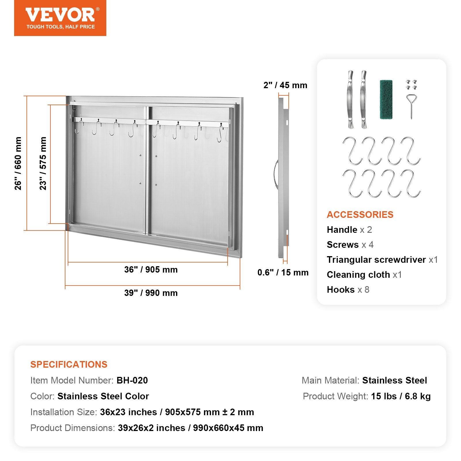 VEVOR BBQ Access Door, 39W x 26H Inch Double Outdoor Kitchen Door, Stainless Steel Flush Mount Door, Wall Vertical Door with Handles and Hooks, for BBQ Island, Grilling Station, Outside Cabinet 
