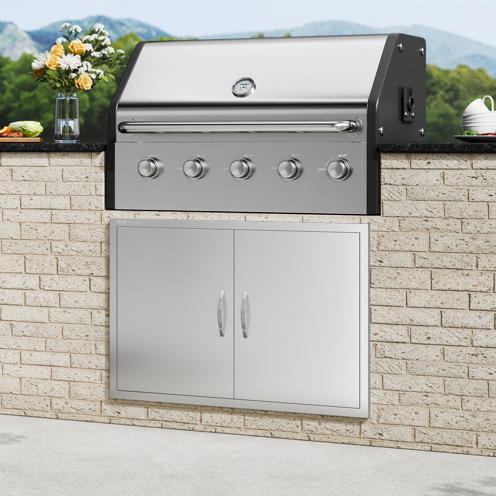 VEVOR BBQ Access Door, 39W x 26H Inch Double Outdoor Kitchen Door, Stainless Steel Flush Mount Door, Wall Vertical Door with Handles and Hooks, for BBQ Island, Grilling Station, Outside Cabinet 